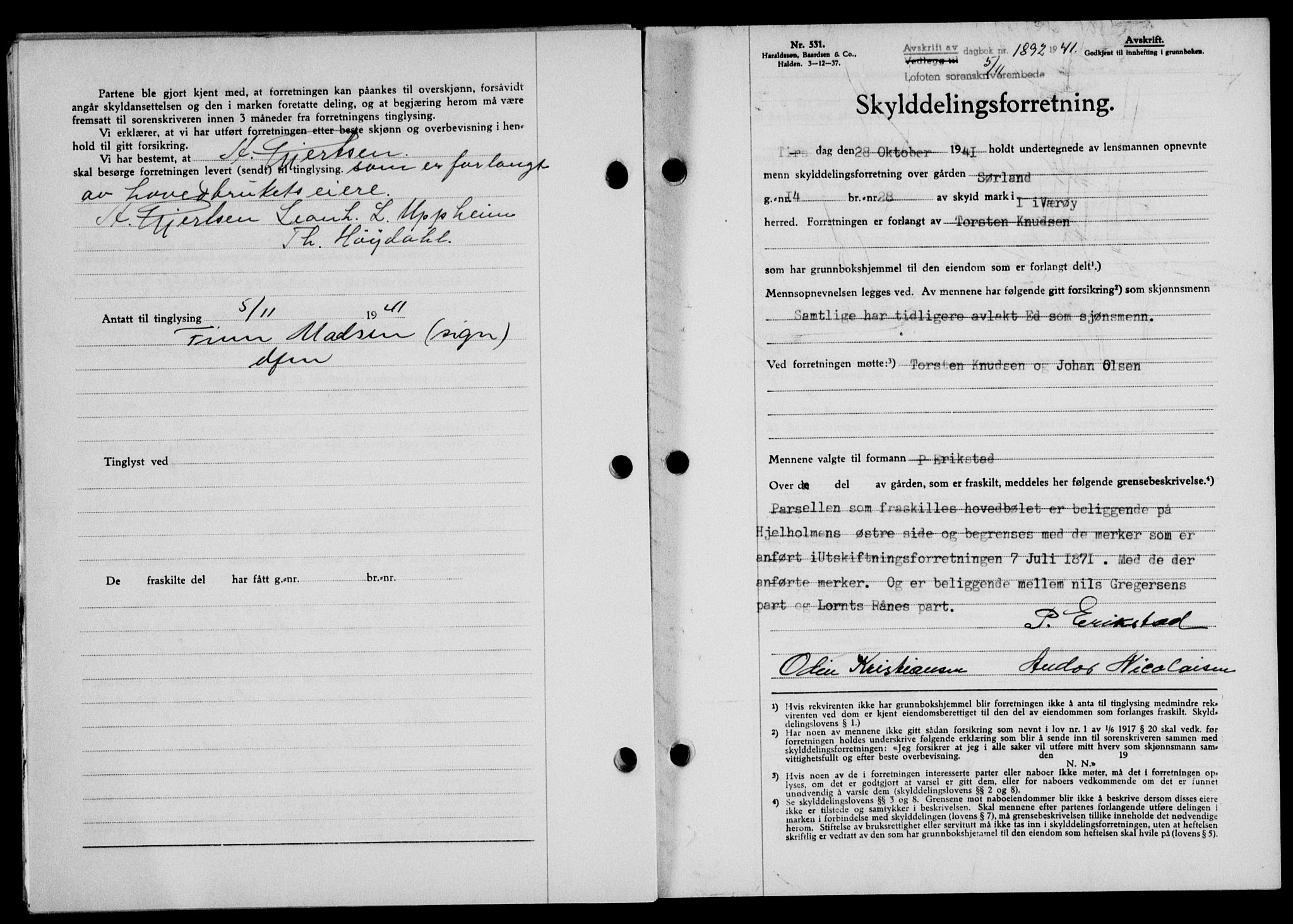 Lofoten sorenskriveri, SAT/A-0017/1/2/2C/L0009a: Mortgage book no. 9a, 1941-1942, Diary no: : 1892/1941