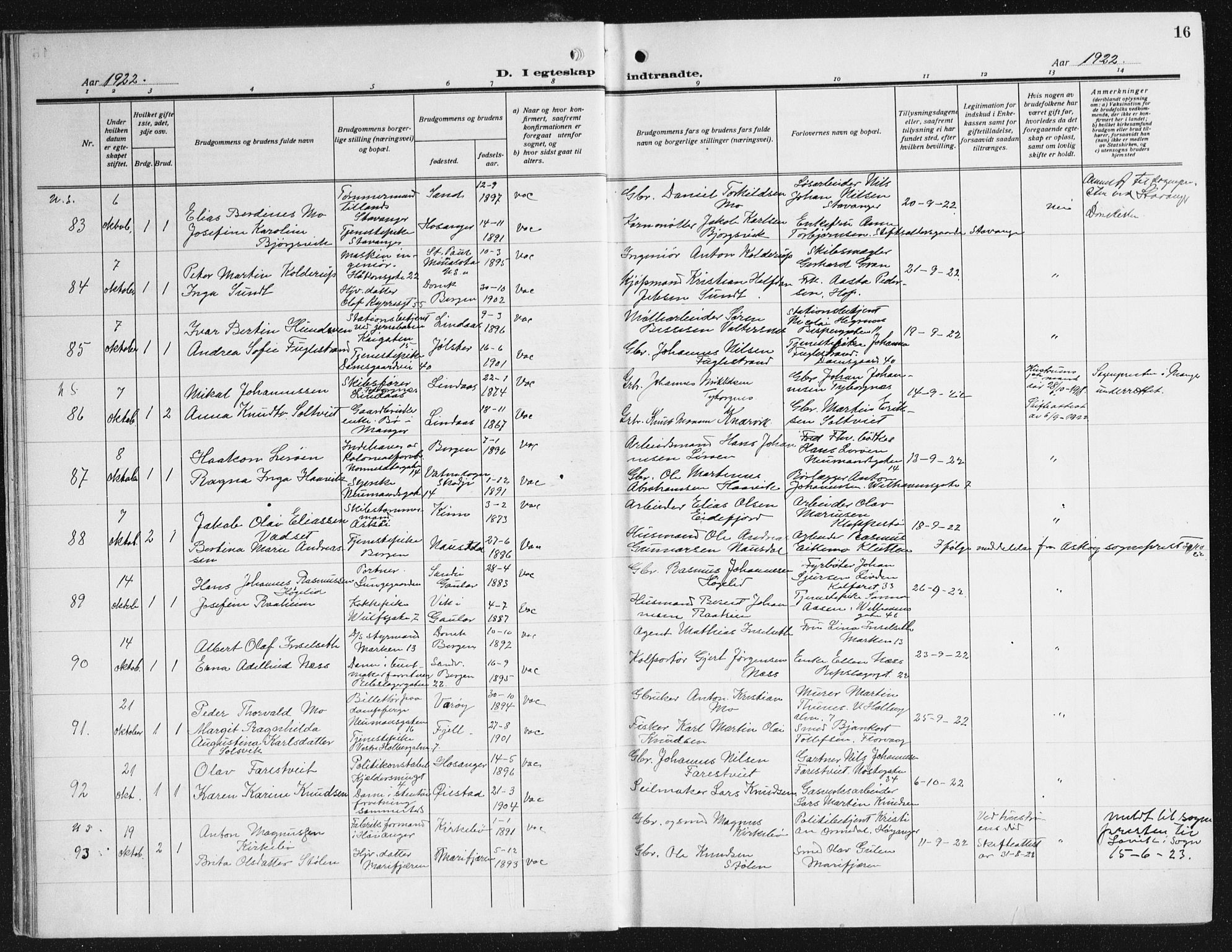 Domkirken sokneprestembete, SAB/A-74801/H/Haa/L0039: Parish register (official) no. D 6, 1921-1937, p. 16