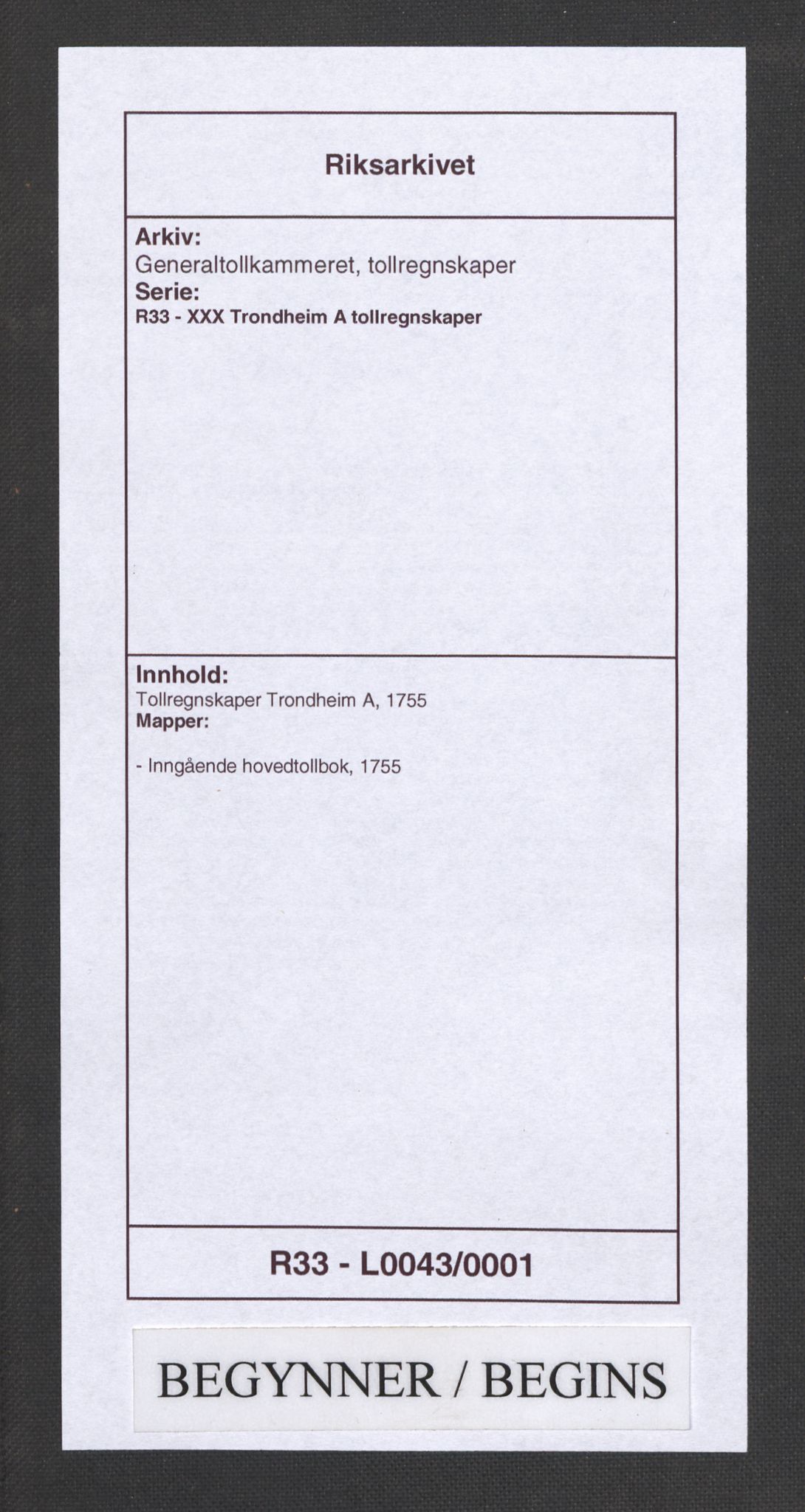 Generaltollkammeret, tollregnskaper, AV/RA-EA-5490/R33/L0043/0001: Tollregnskaper Trondheim A / Inngående hovedtollbok, 1755