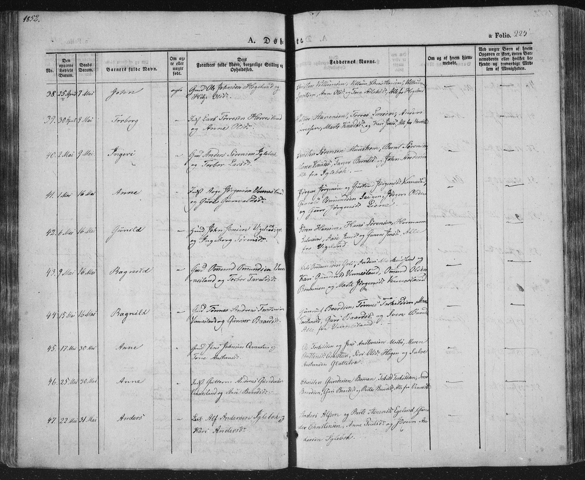 Vennesla sokneprestkontor, SAK/1111-0045/Fa/Fac/L0004: Parish register (official) no. A 4, 1834-1855, p. 225