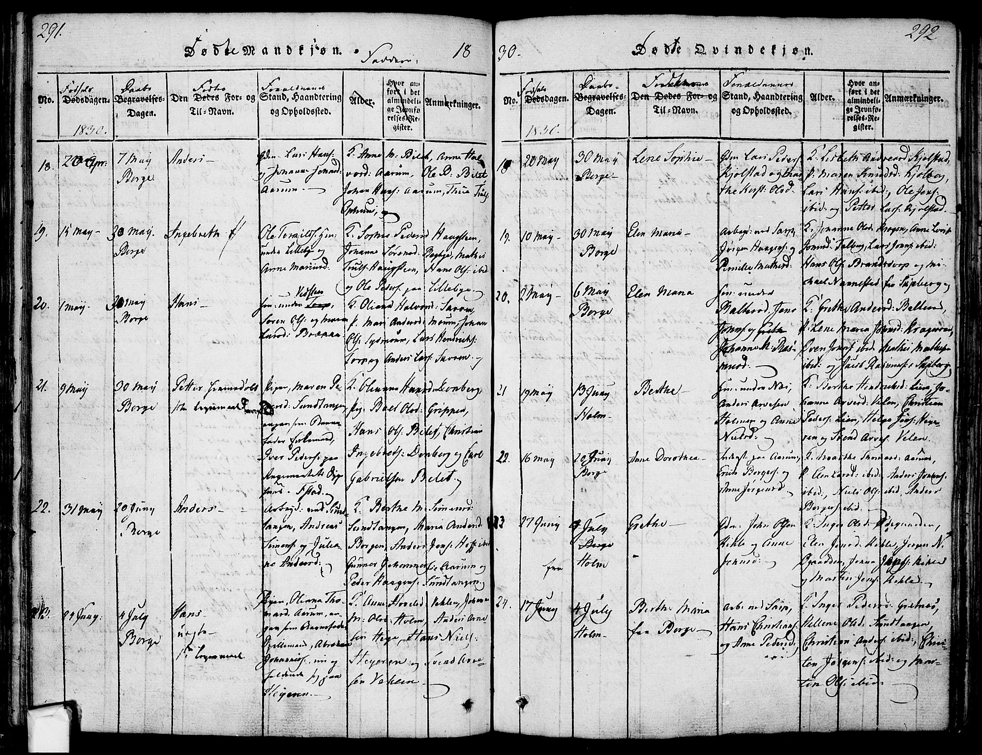 Borge prestekontor Kirkebøker, AV/SAO-A-10903/F/Fa/L0003: Parish register (official) no. I 3, 1815-1836, p. 291-292