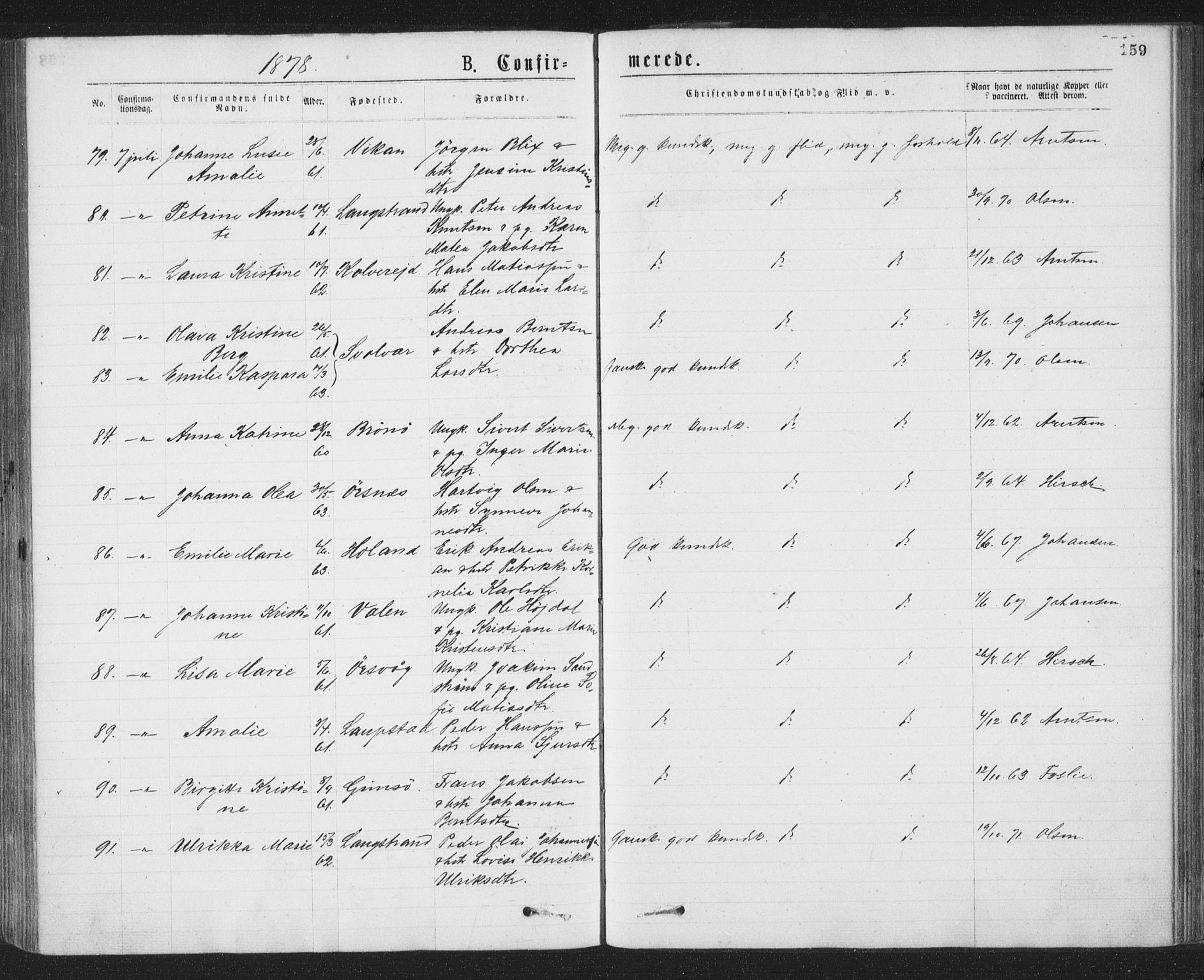 Ministerialprotokoller, klokkerbøker og fødselsregistre - Nordland, AV/SAT-A-1459/874/L1058: Parish register (official) no. 874A02, 1878-1883, p. 159