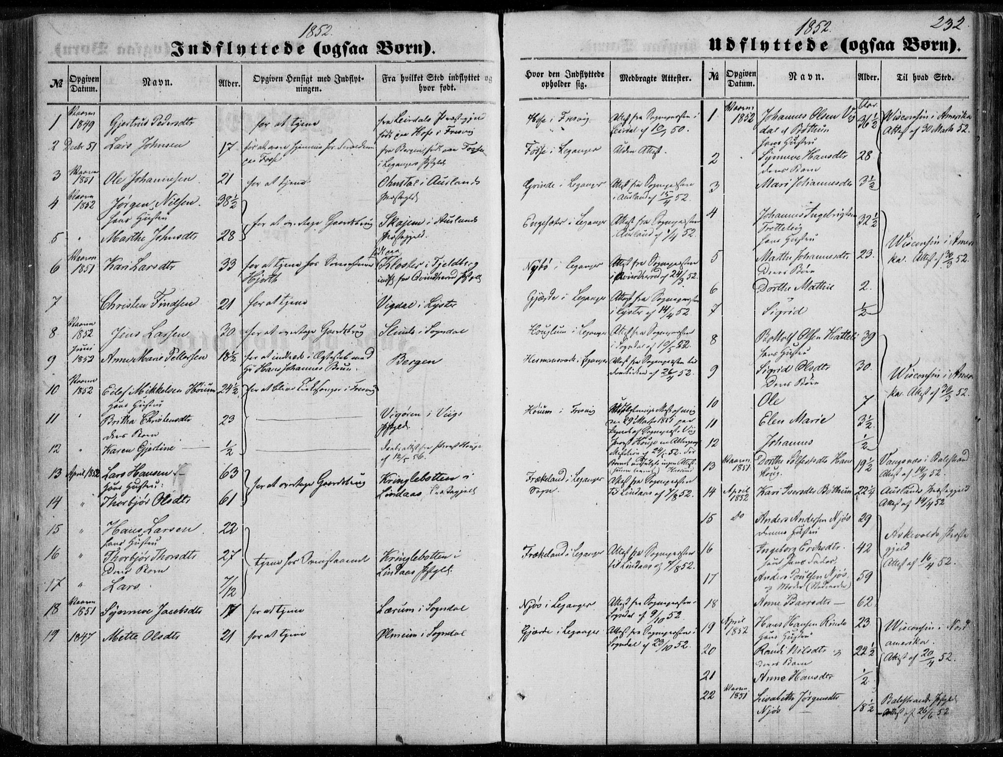 Leikanger sokneprestembete, AV/SAB-A-81001/H/Haa/Haaa/L0008: Parish register (official) no. A 8, 1852-1868, p. 232