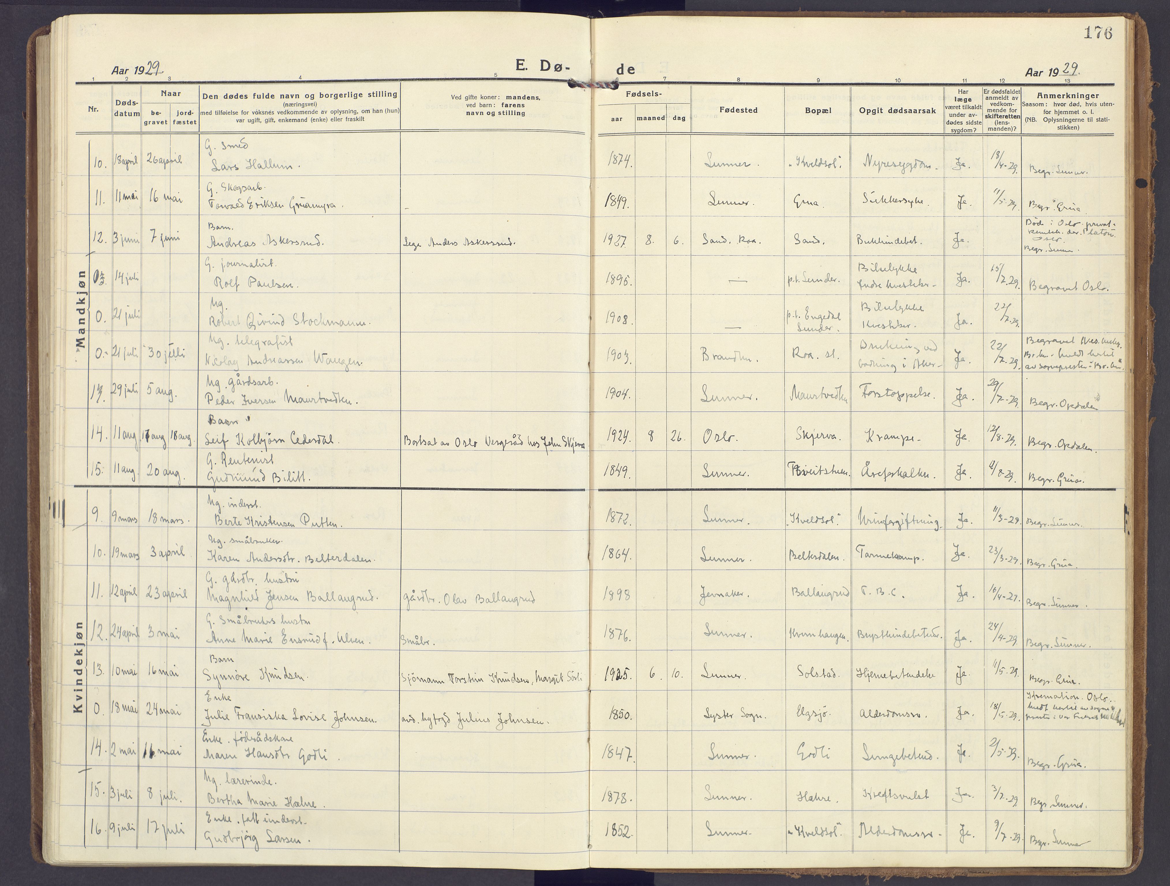 Lunner prestekontor, AV/SAH-PREST-118/H/Ha/Haa/L0002: Parish register (official) no. 2, 1922-1931, p. 176