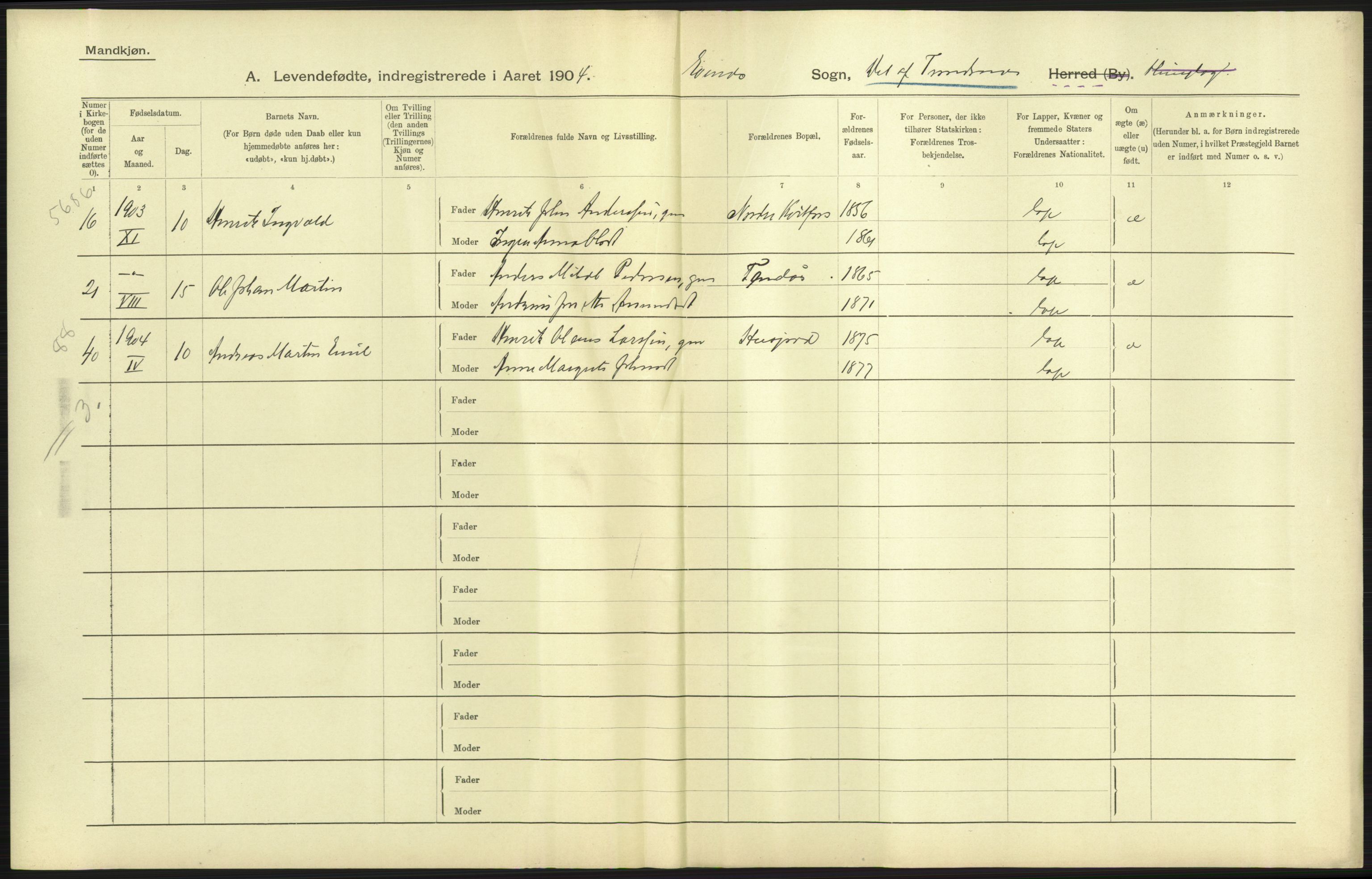 Statistisk sentralbyrå, Sosiodemografiske emner, Befolkning, RA/S-2228/D/Df/Dfa/Dfab/L0022: Tromsø amt: Fødte, gifte, døde, 1904, p. 3