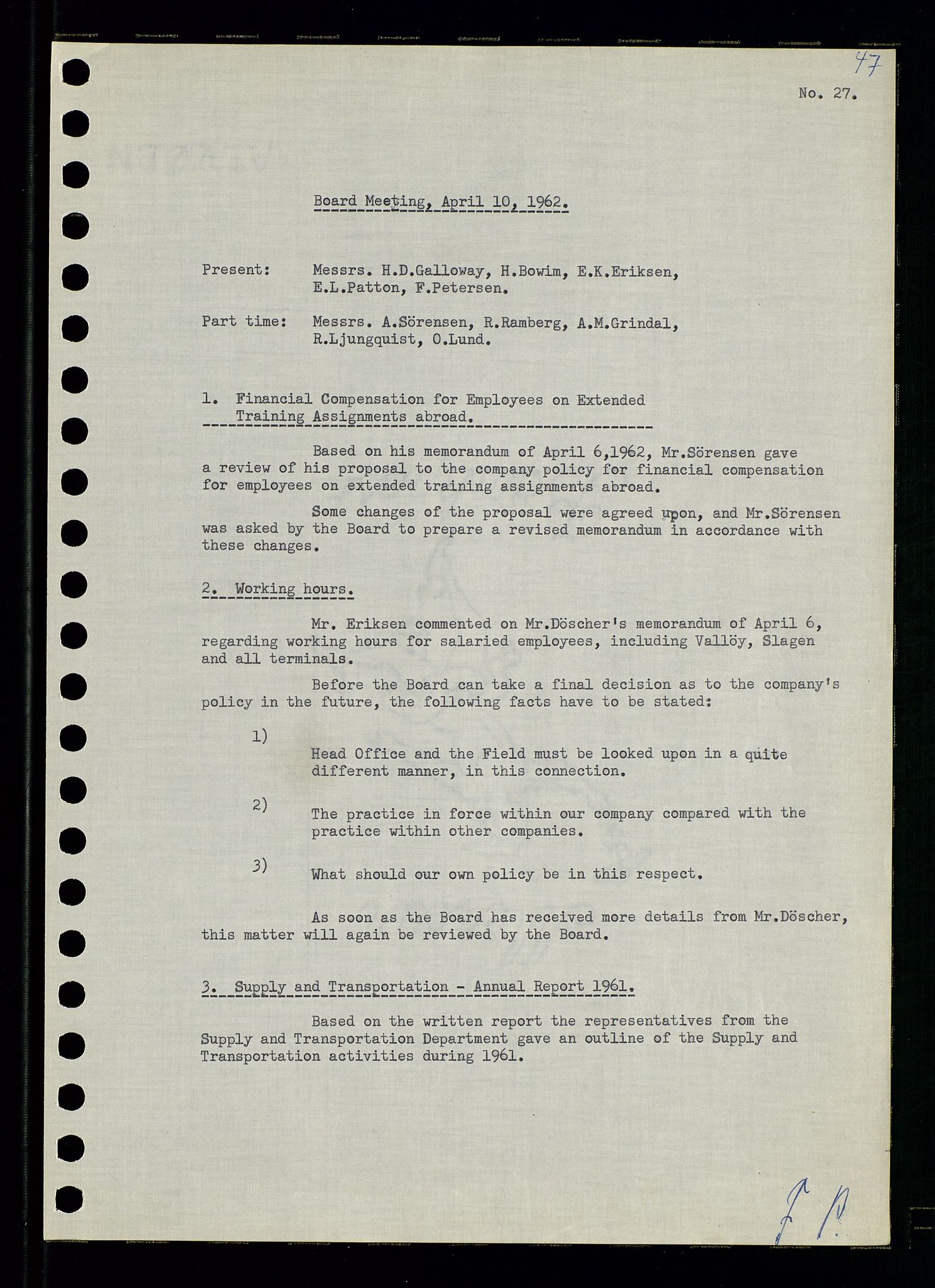 Pa 0982 - Esso Norge A/S, AV/SAST-A-100448/A/Aa/L0001/0003: Den administrerende direksjon Board minutes (styrereferater) / Den administrerende direksjon Board minutes (styrereferater), 1962, p. 47