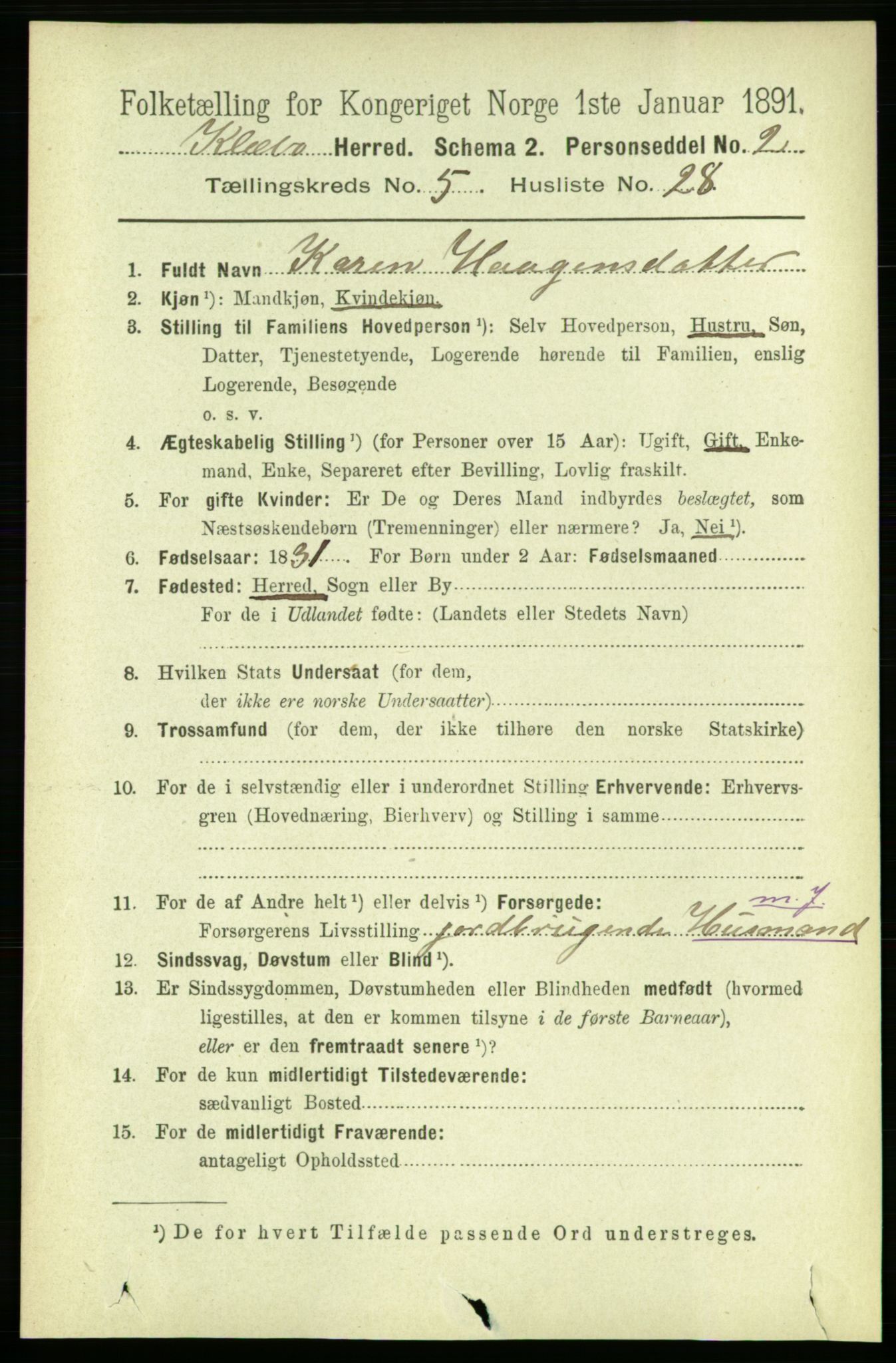 RA, 1891 census for 1662 Klæbu, 1891, p. 1202