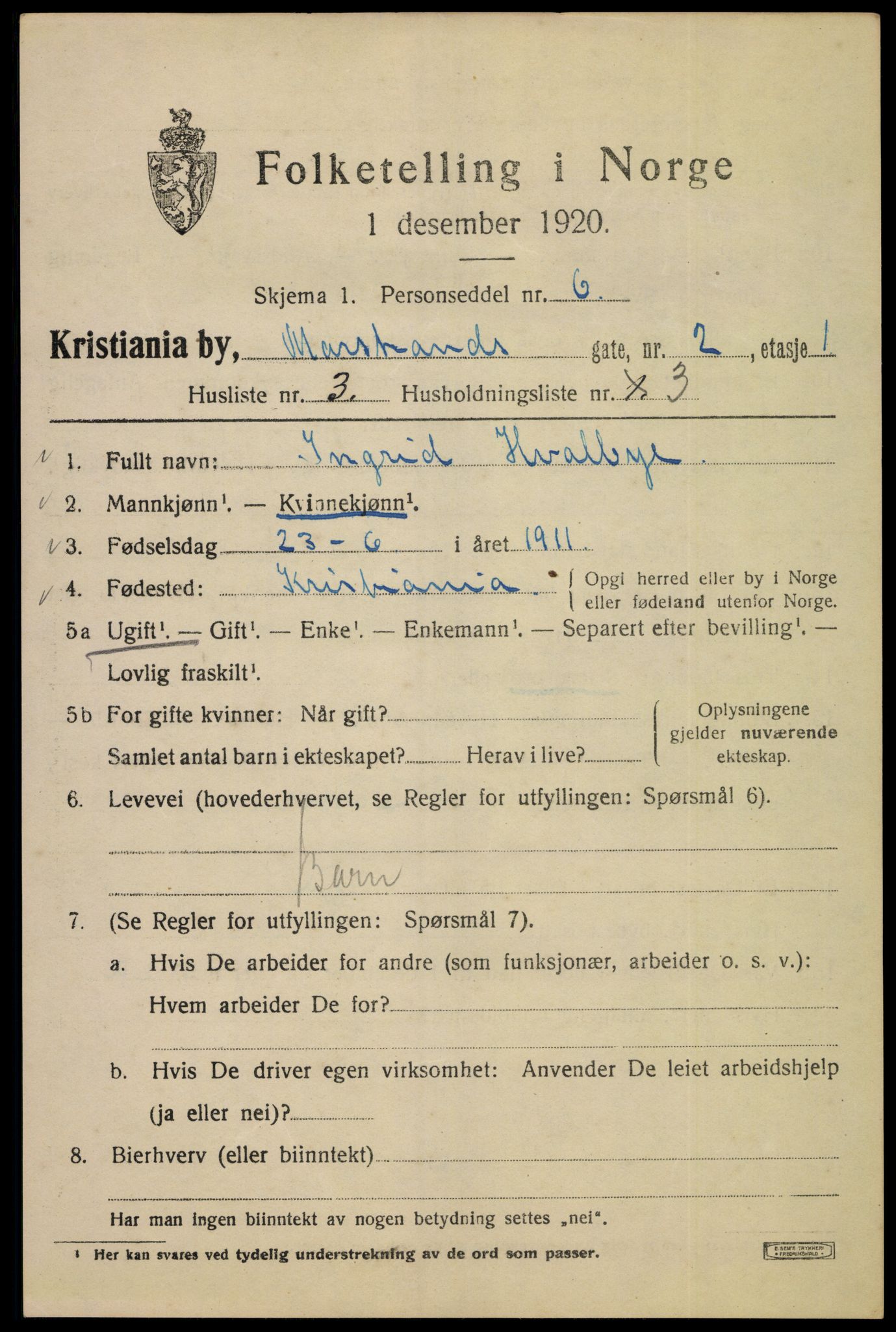 SAO, 1920 census for Kristiania, 1920, p. 392179