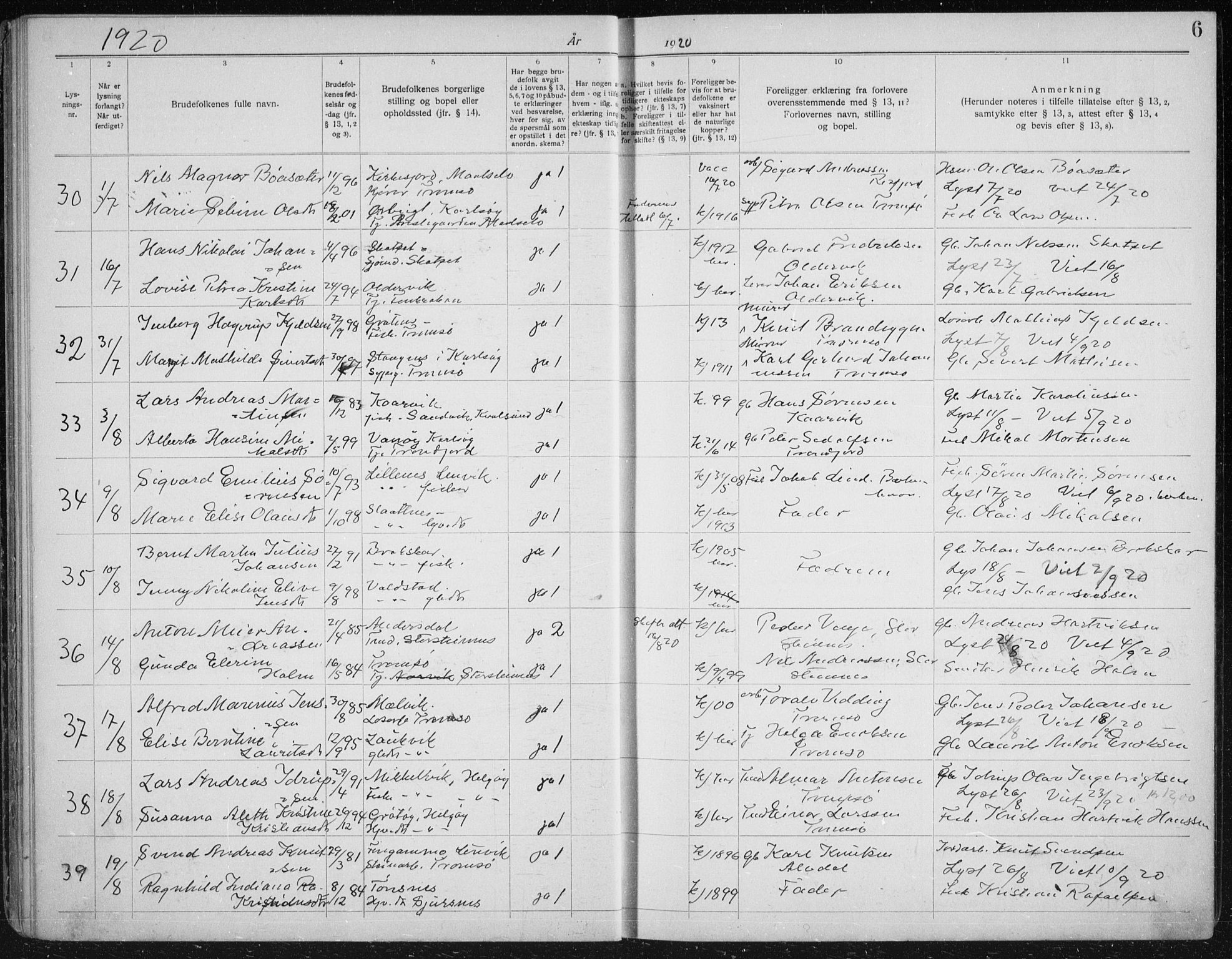 Tromsøysund sokneprestkontor, AV/SATØ-S-1304/H/Hc/L0059: Banns register no. 59, 1919-1937, p. 6