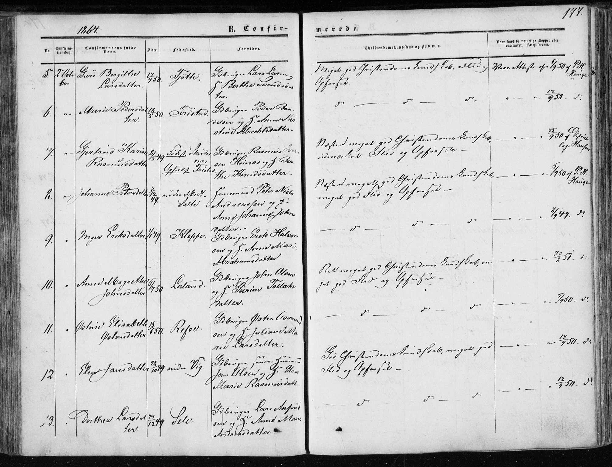 Klepp sokneprestkontor, AV/SAST-A-101803/001/3/30BA/L0005: Parish register (official) no. A 5, 1853-1870, p. 177