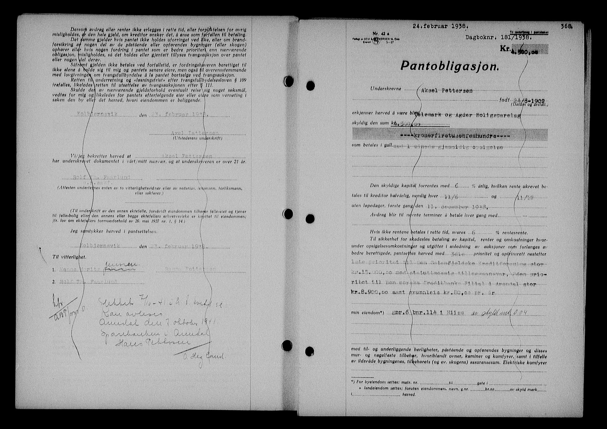 Nedenes sorenskriveri, AV/SAK-1221-0006/G/Gb/Gba/L0044: Mortgage book no. 40, 1937-1938, Diary no: : 181/1938