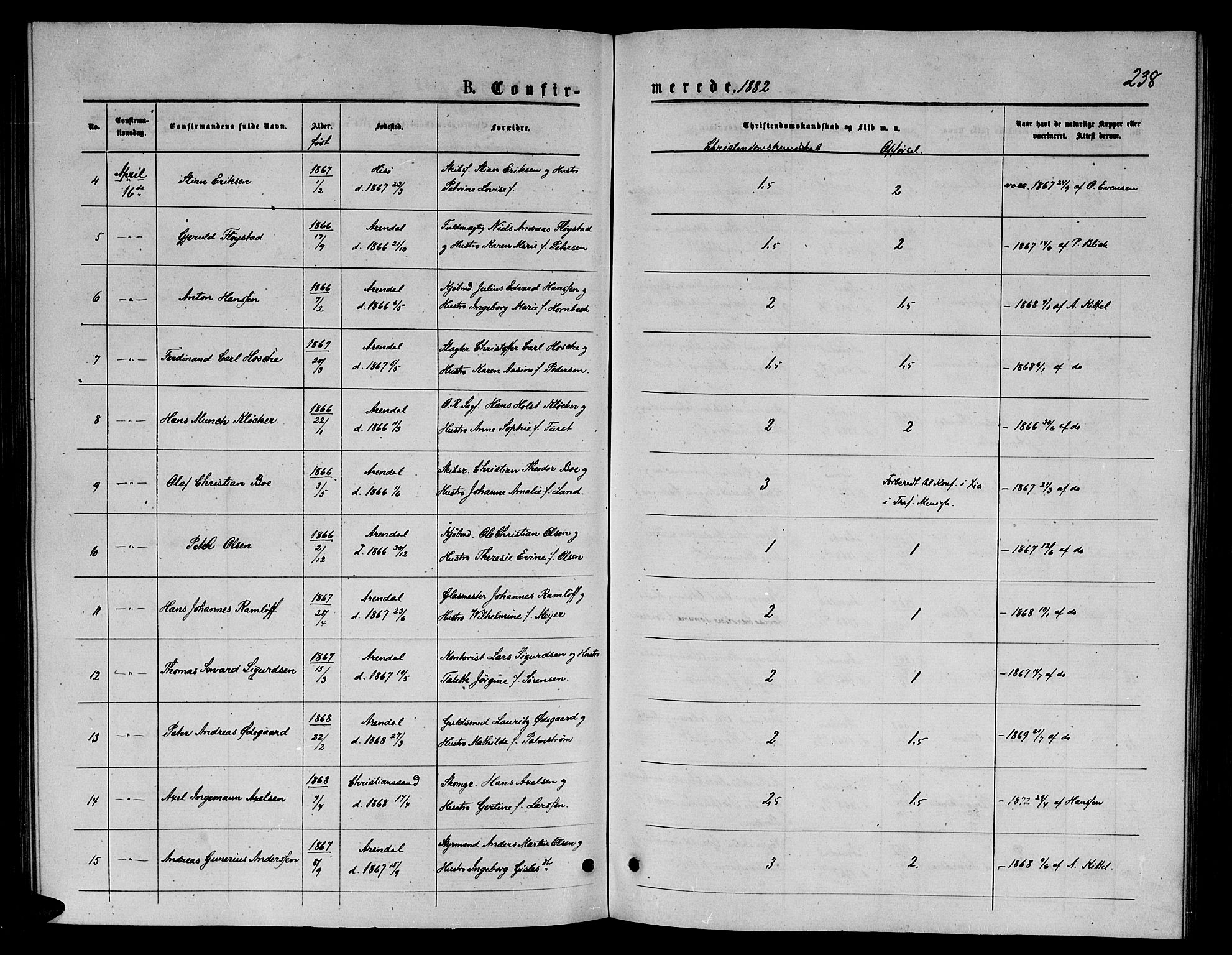 Arendal sokneprestkontor, Trefoldighet, AV/SAK-1111-0040/F/Fb/L0005: Parish register (copy) no. B 5, 1874-1888, p. 238