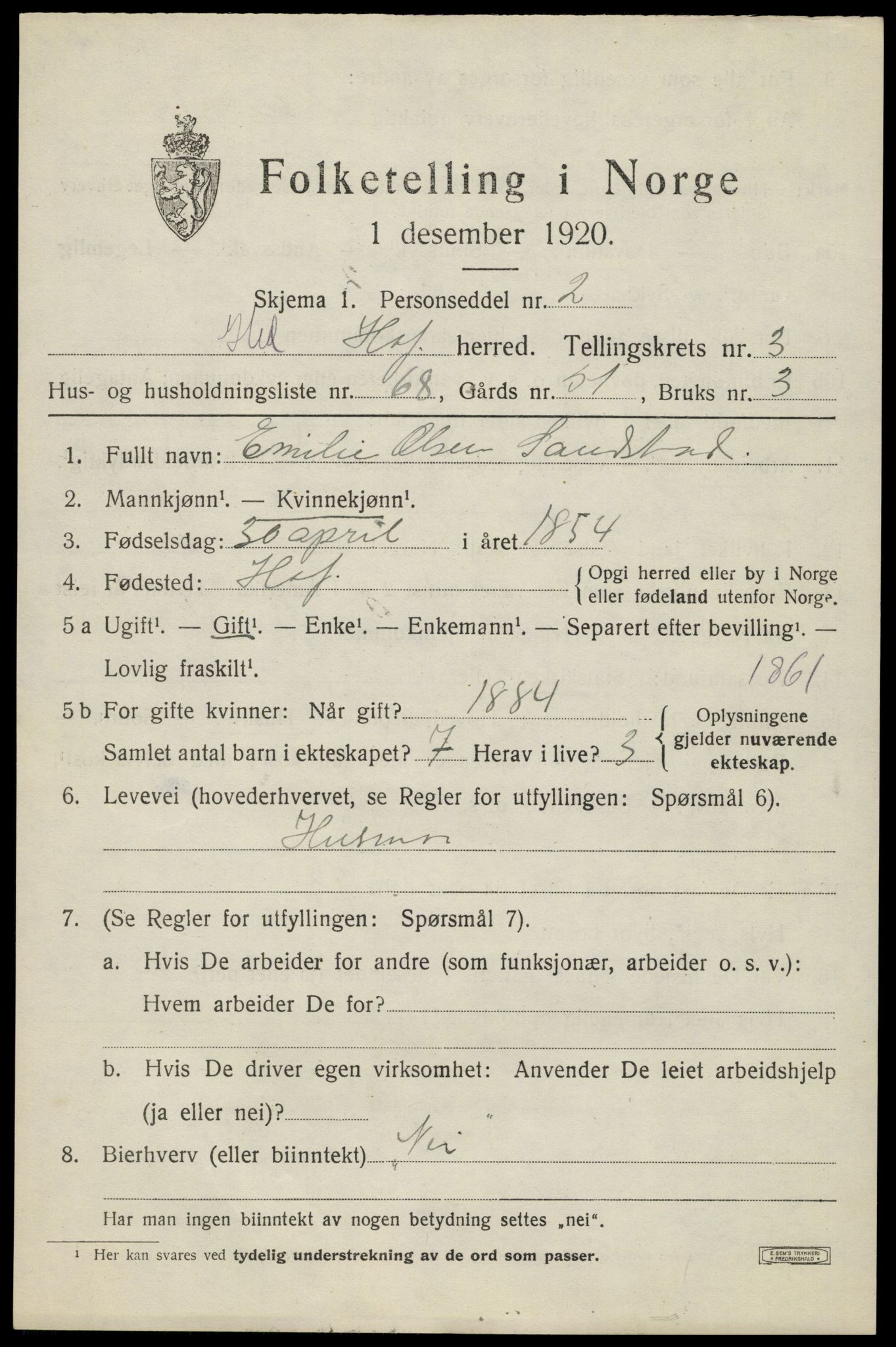 SAH, 1920 census for Hof, 1920, p. 4743