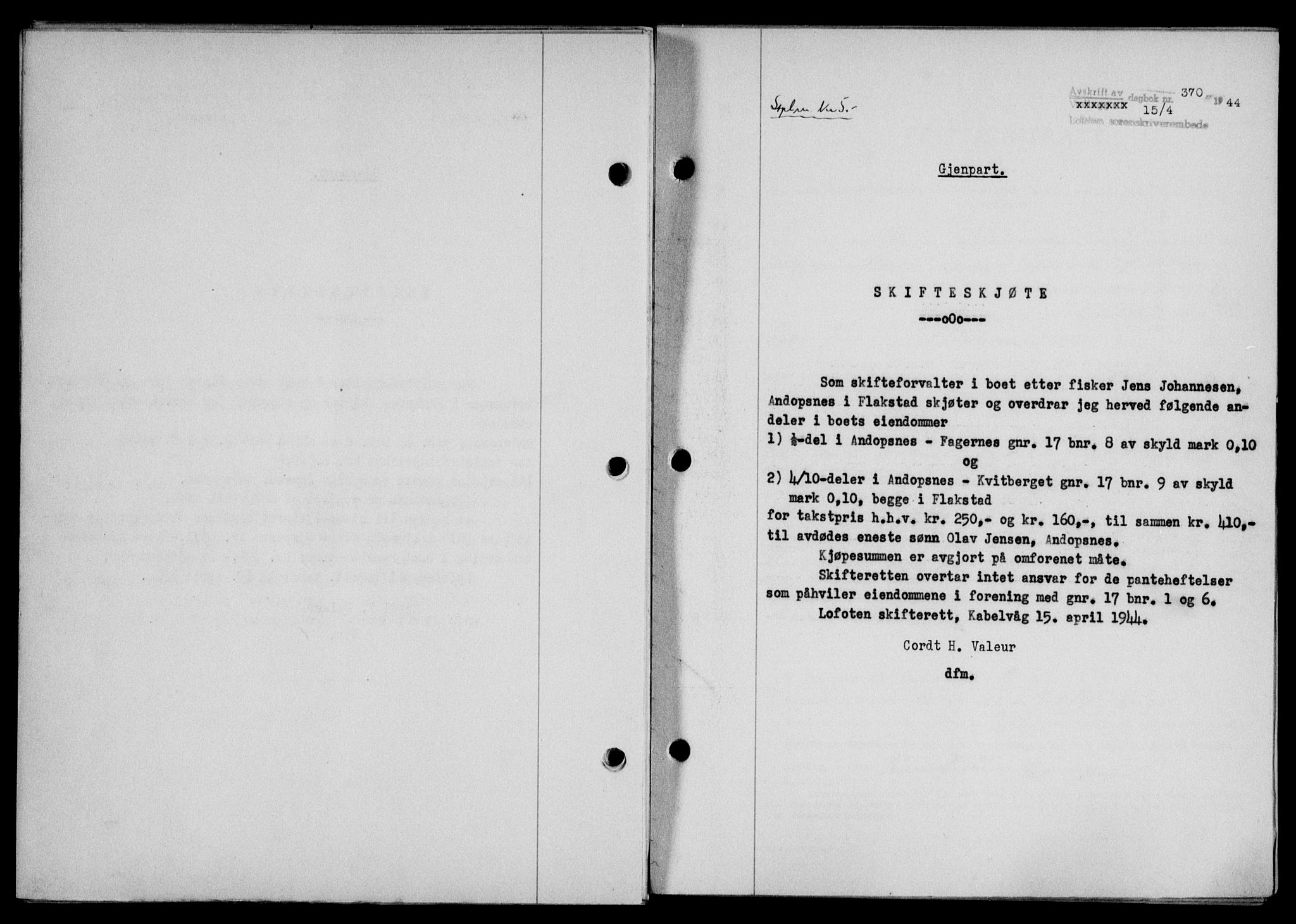 Lofoten sorenskriveri, SAT/A-0017/1/2/2C/L0012a: Mortgage book no. 12a, 1943-1944, Diary no: : 370/1944