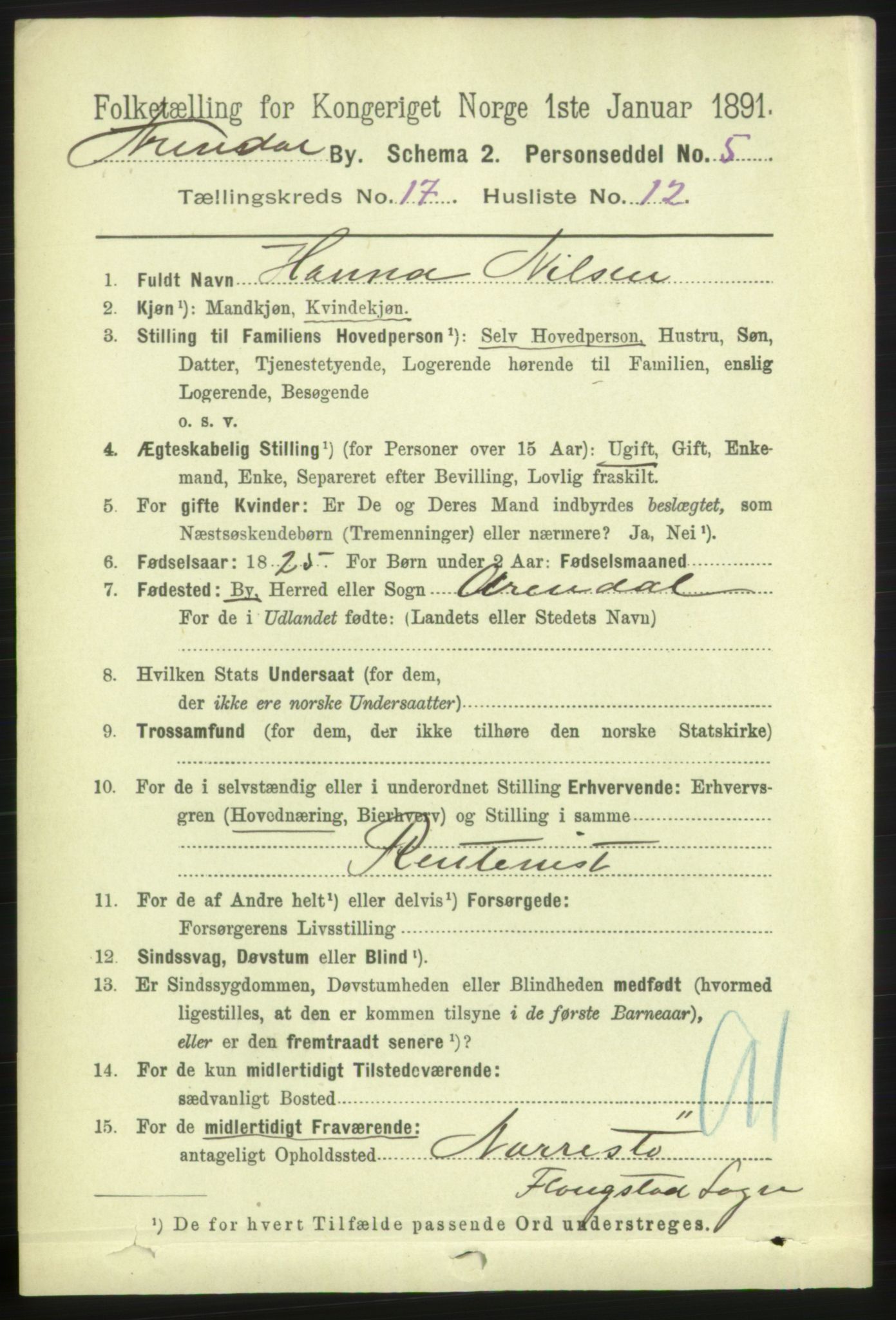 RA, 1891 census for 0903 Arendal, 1891, p. 5762