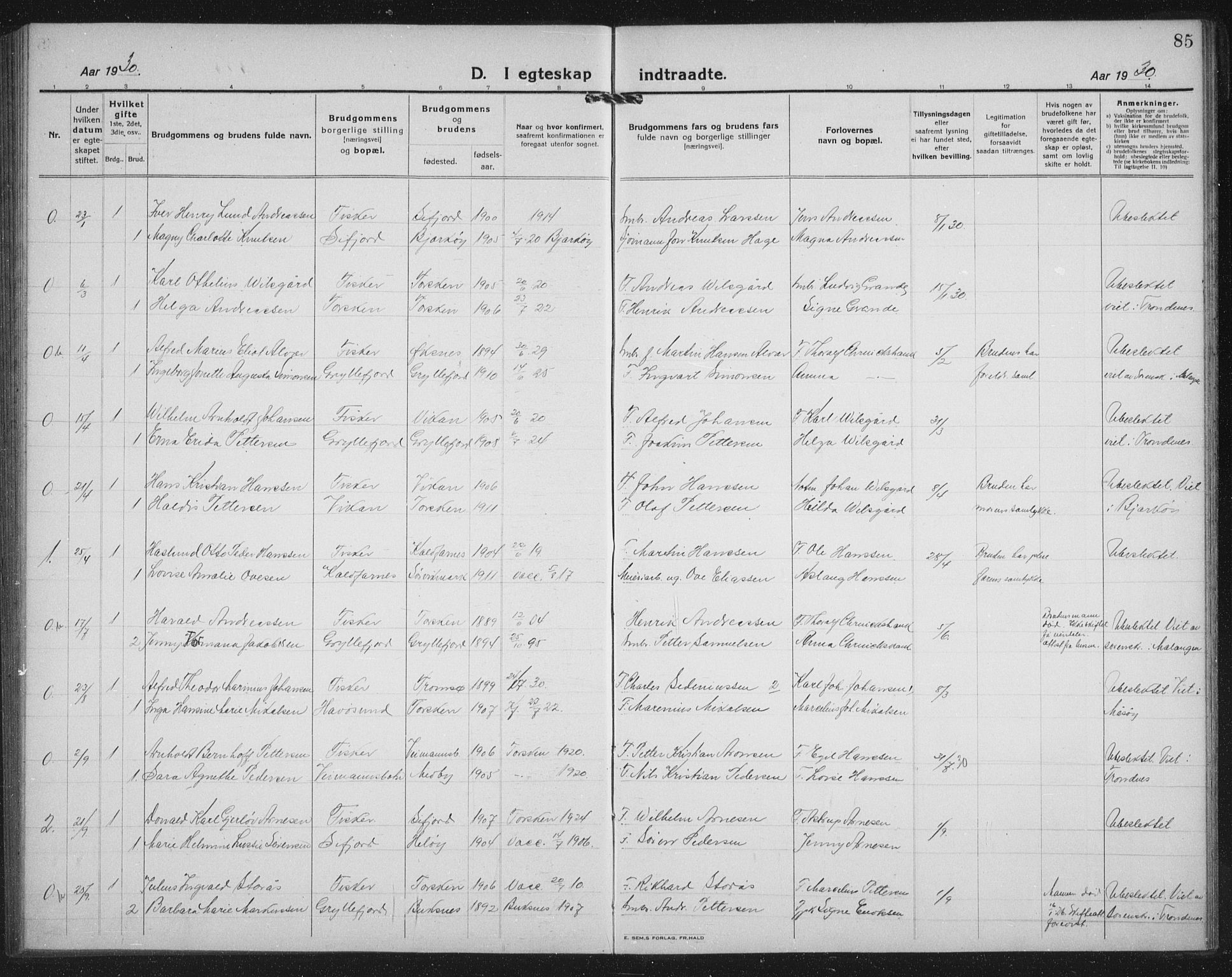 Berg sokneprestkontor, AV/SATØ-S-1318/G/Ga/Gab/L0014klokker: Parish register (copy) no. 14, 1922-1933, p. 85
