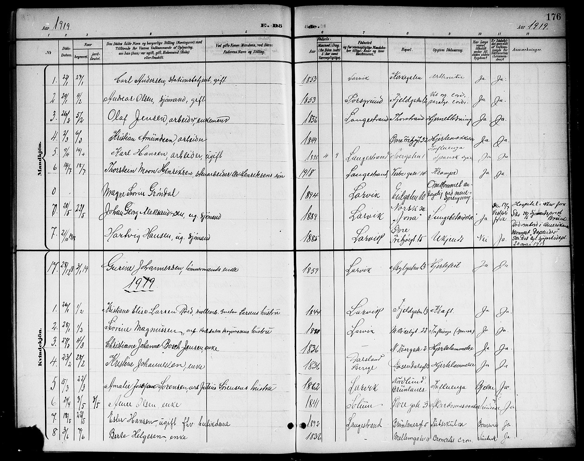 Larvik kirkebøker, SAKO/A-352/G/Gb/L0004: Parish register (copy) no. II 4, 1899-1919, p. 176