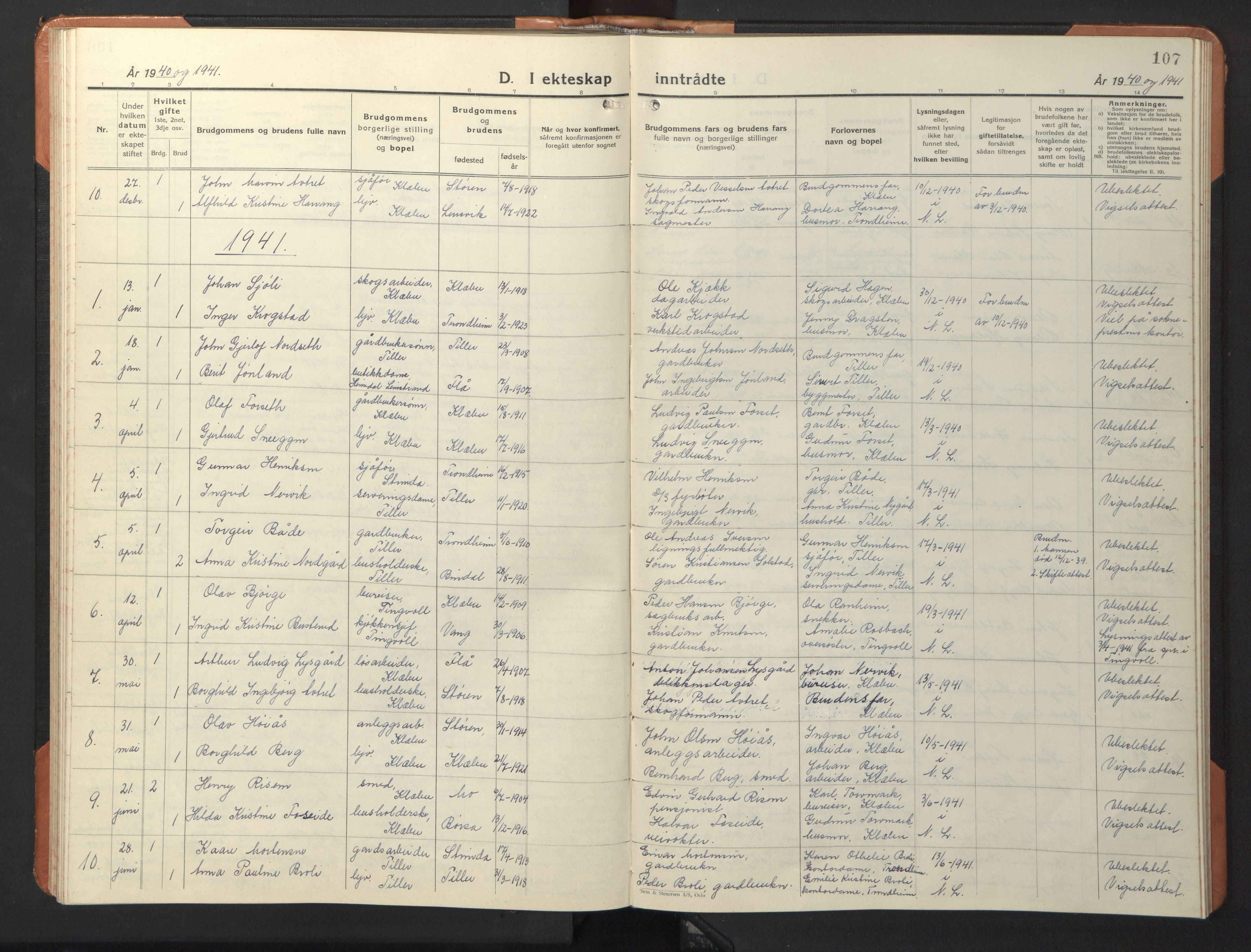 Ministerialprotokoller, klokkerbøker og fødselsregistre - Sør-Trøndelag, SAT/A-1456/618/L0454: Parish register (copy) no. 618C05, 1926-1946, p. 107