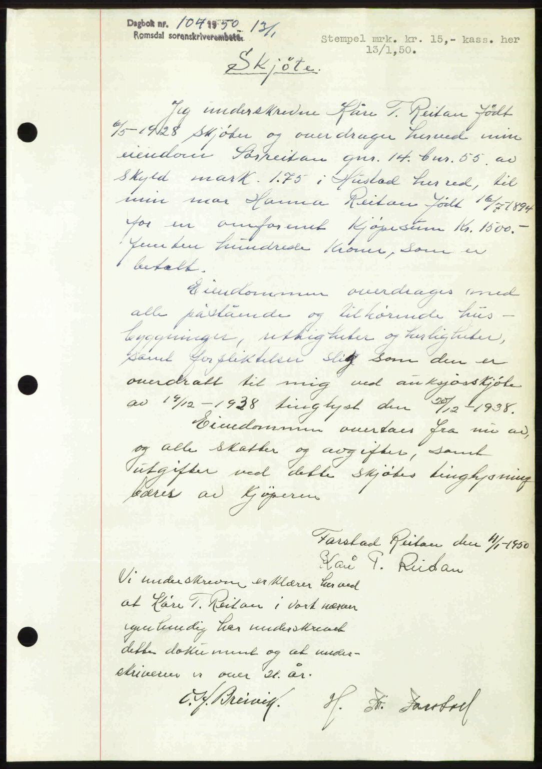 Romsdal sorenskriveri, AV/SAT-A-4149/1/2/2C: Mortgage book no. A32, 1950-1950, Diary no: : 104/1950