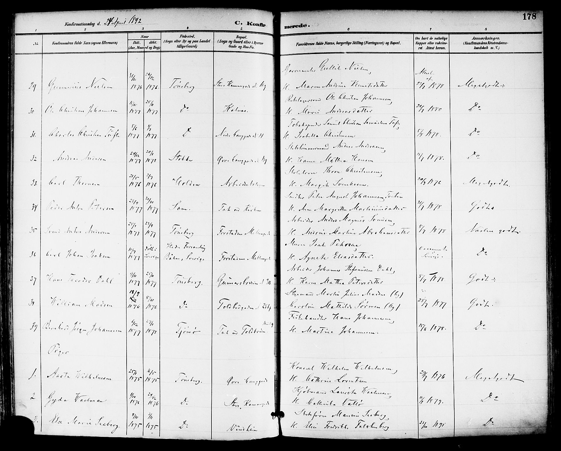 Tønsberg kirkebøker, SAKO/A-330/F/Fa/L0012: Parish register (official) no. I 12, 1891-1899, p. 178