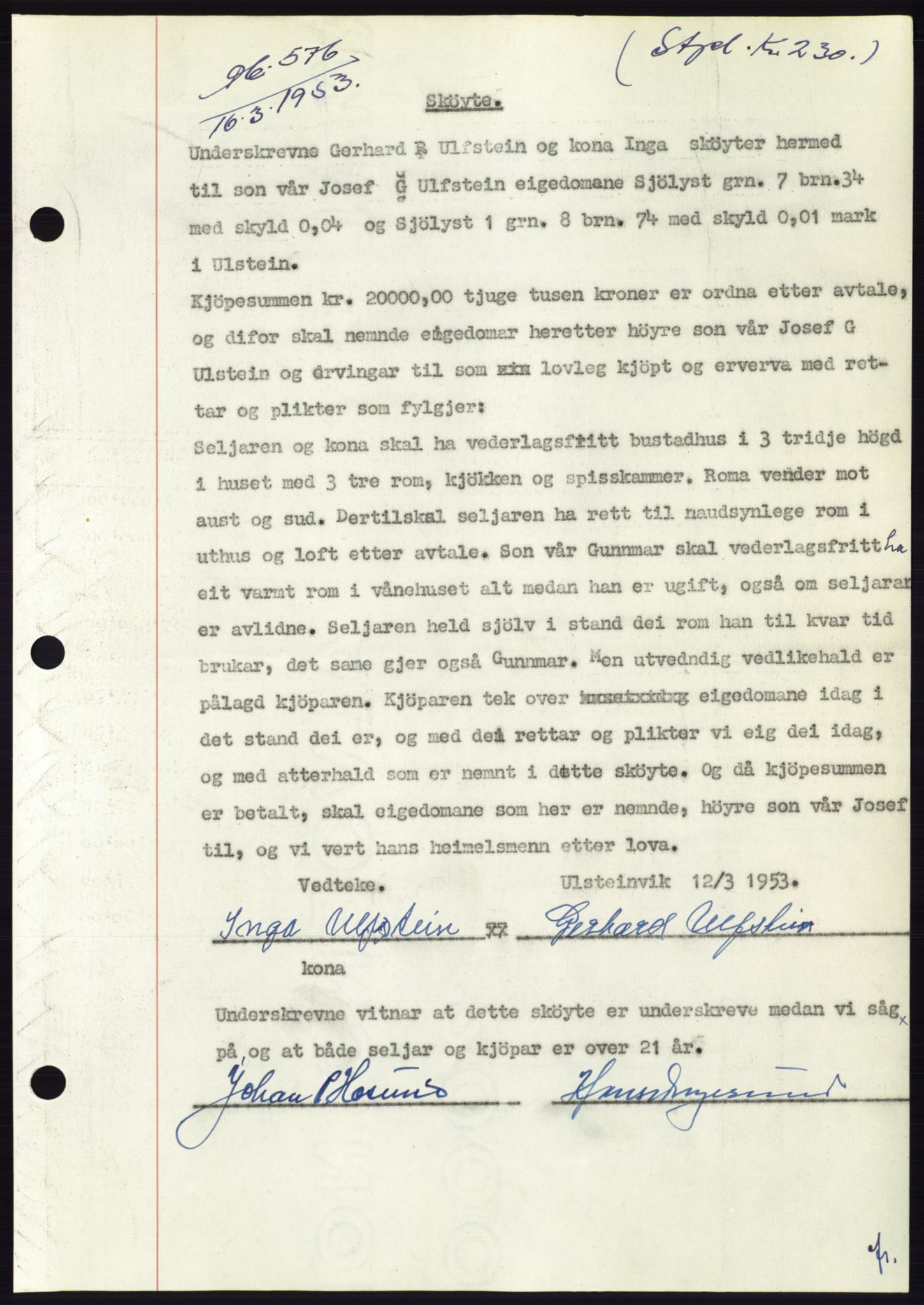 Søre Sunnmøre sorenskriveri, AV/SAT-A-4122/1/2/2C/L0094: Mortgage book no. 20A, 1953-1953, Diary no: : 576/1953