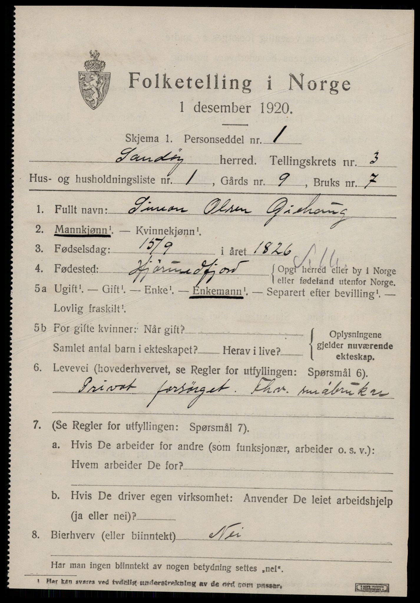 SAT, 1920 census for Sandøy, 1920, p. 1062