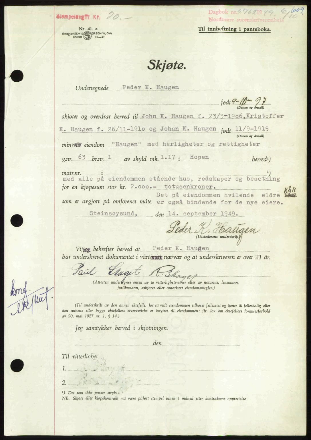 Nordmøre sorenskriveri, AV/SAT-A-4132/1/2/2Ca: Mortgage book no. A112, 1949-1949, Diary no: : 2762/1949