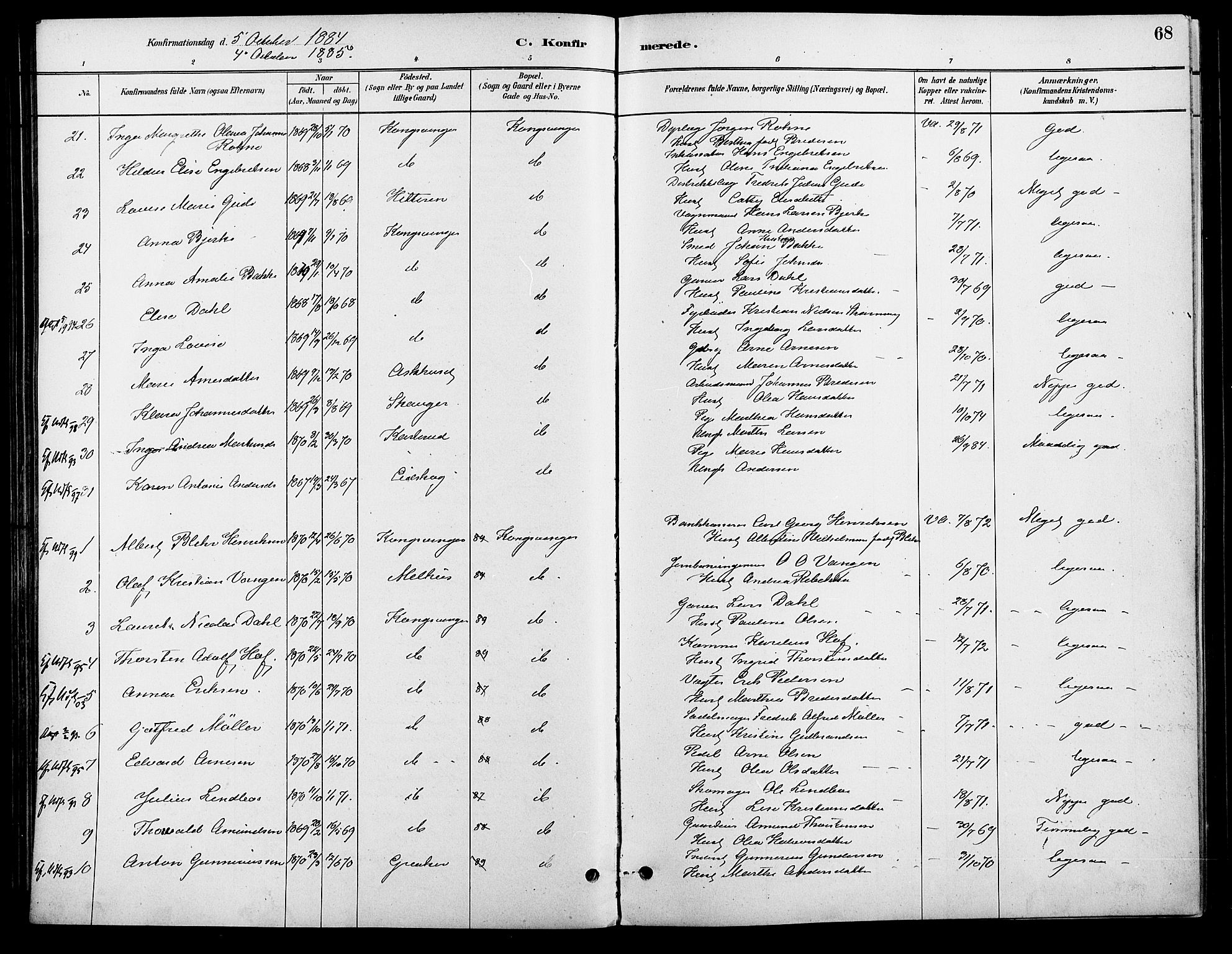 Vinger prestekontor, SAH/PREST-024/H/Ha/Haa/L0013: Parish register (official) no. 13, 1881-1897, p. 68