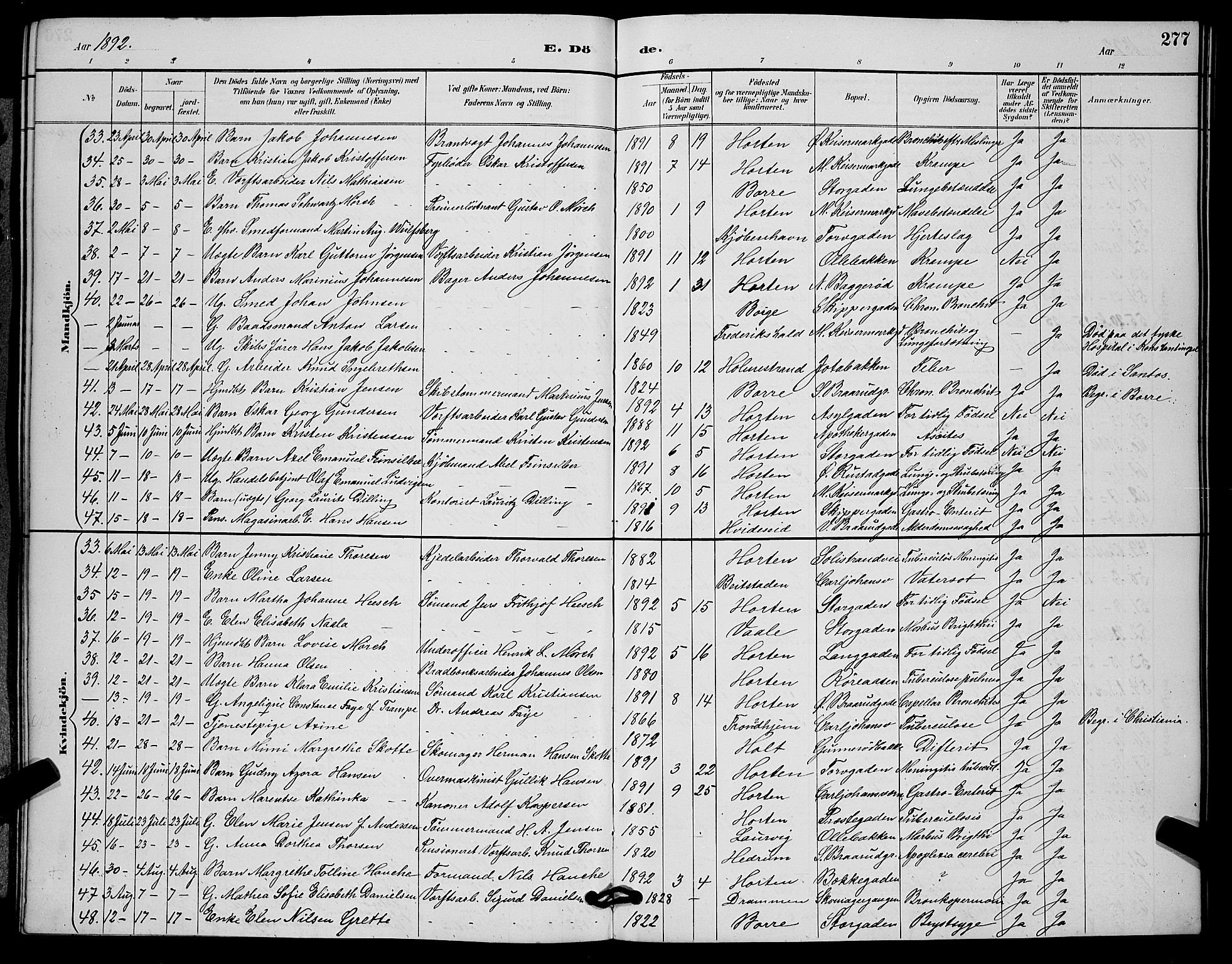 Horten kirkebøker, AV/SAKO-A-348/G/Ga/L0005: Parish register (copy) no. 5, 1888-1895, p. 277