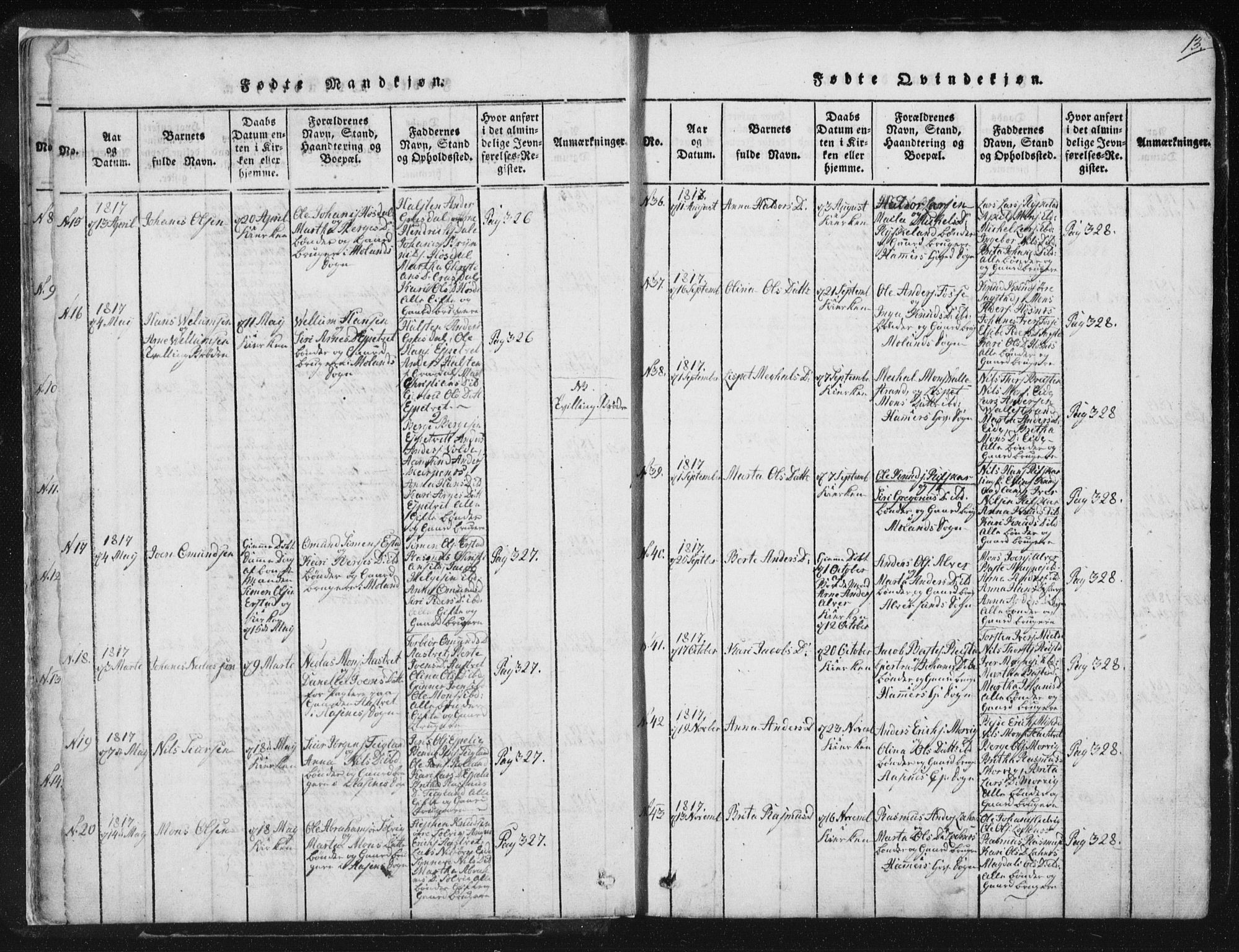 Hamre sokneprestembete, AV/SAB-A-75501/H/Ha/Haa/Haaa/L0010: Parish register (official) no. A 10, 1816-1826, p. 13