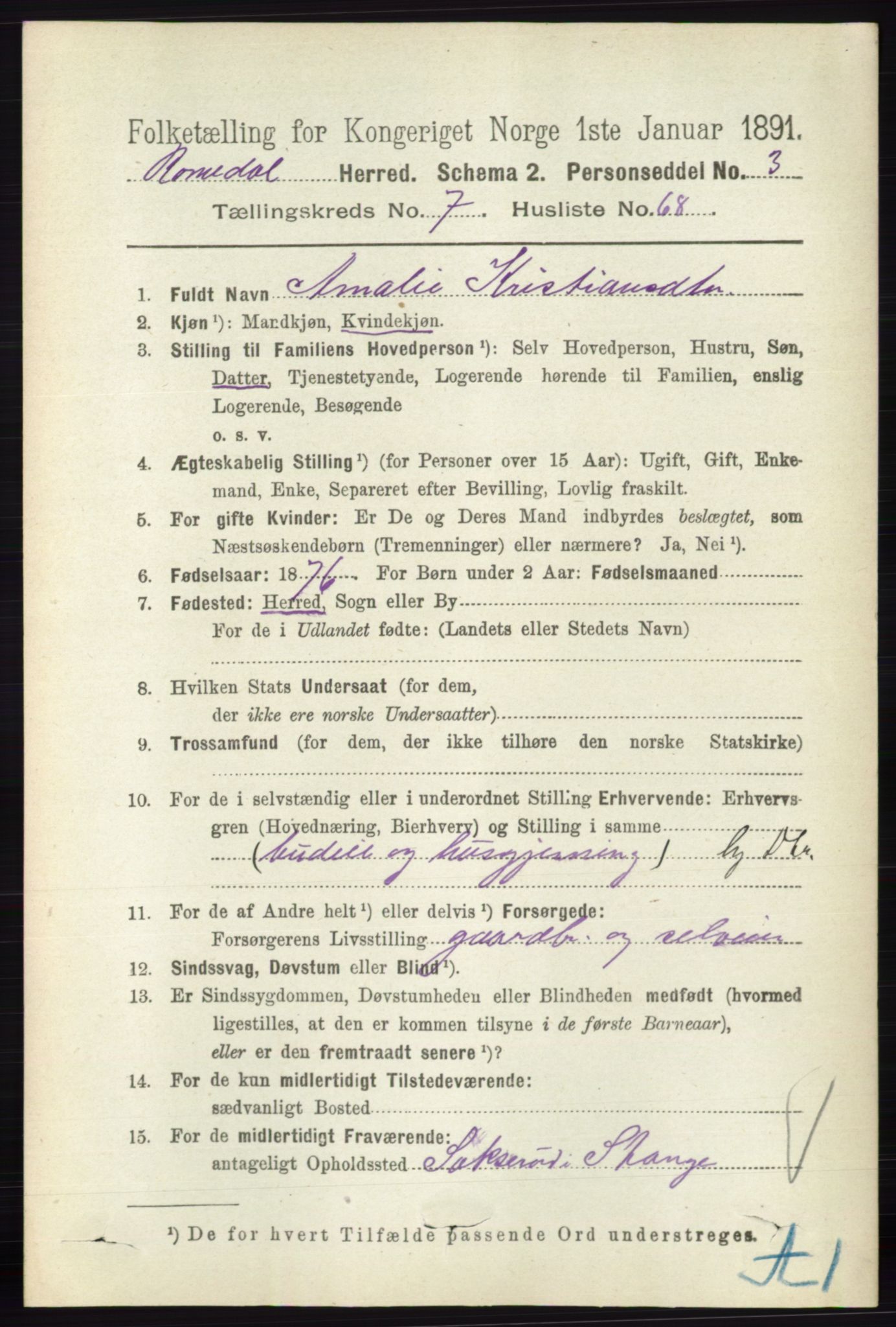 RA, 1891 census for 0416 Romedal, 1891, p. 3888