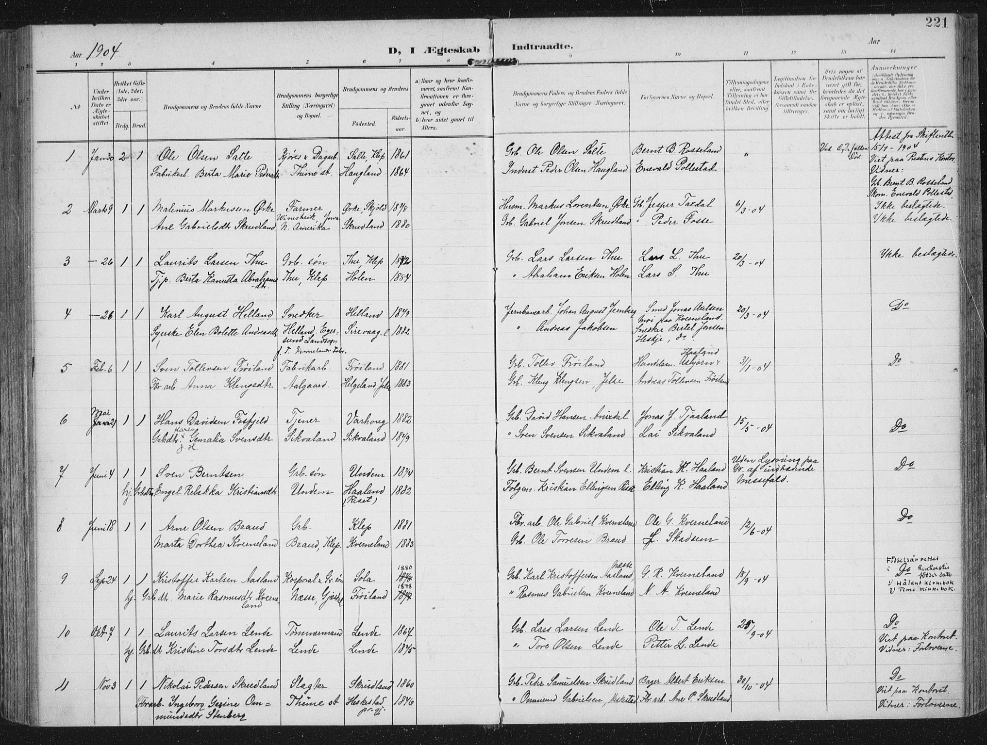 Lye sokneprestkontor, SAST/A-101794/002/A/L0001: Parish register (official) no. A 12, 1904-1920, p. 221