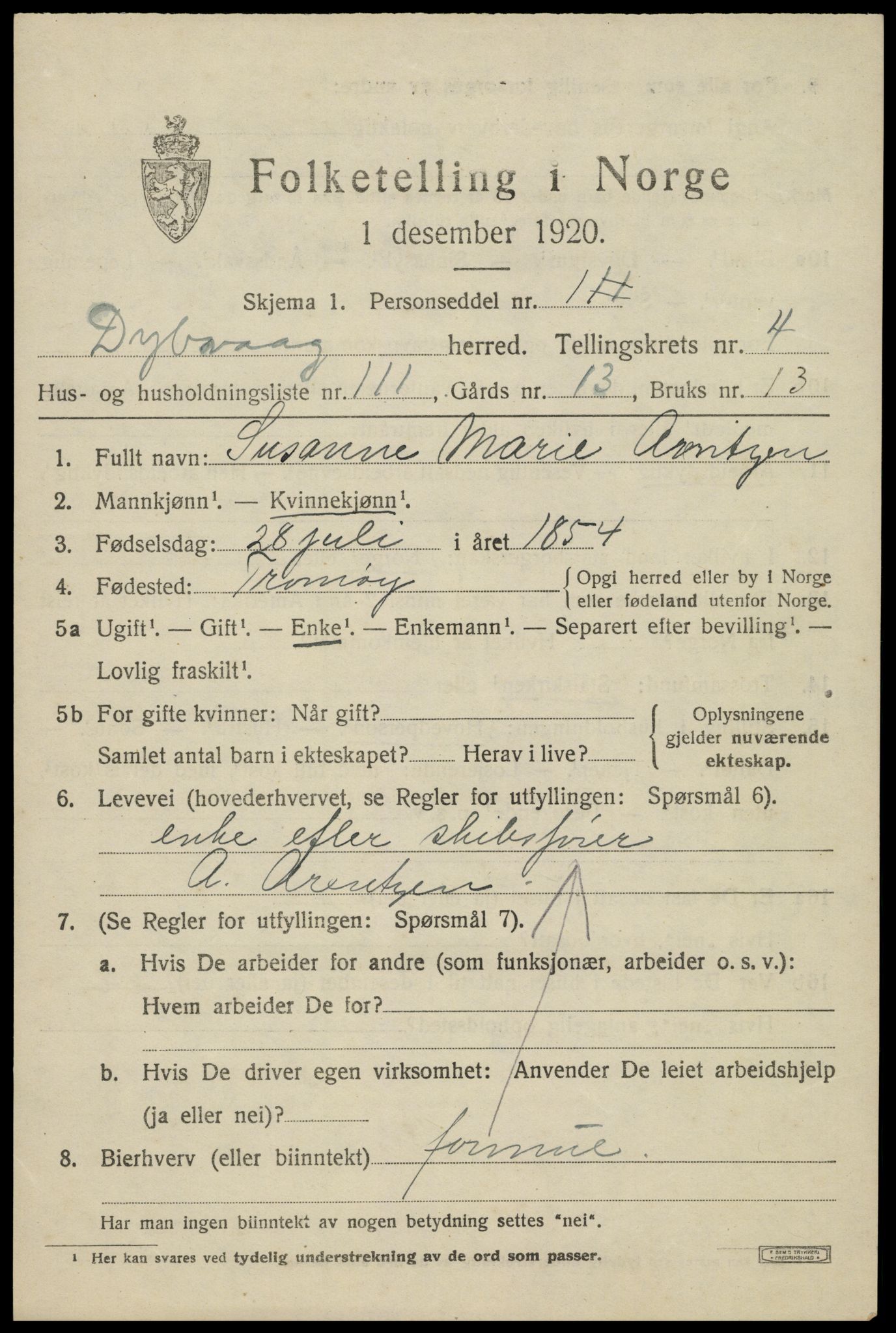 SAK, 1920 census for Dypvåg, 1920, p. 4111