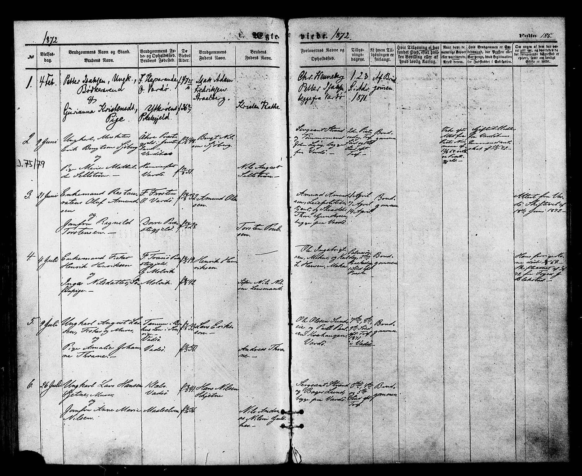 Vardø sokneprestkontor, SATØ/S-1332/H/Ha/L0005kirke: Parish register (official) no. 5, 1872-1878, p. 185