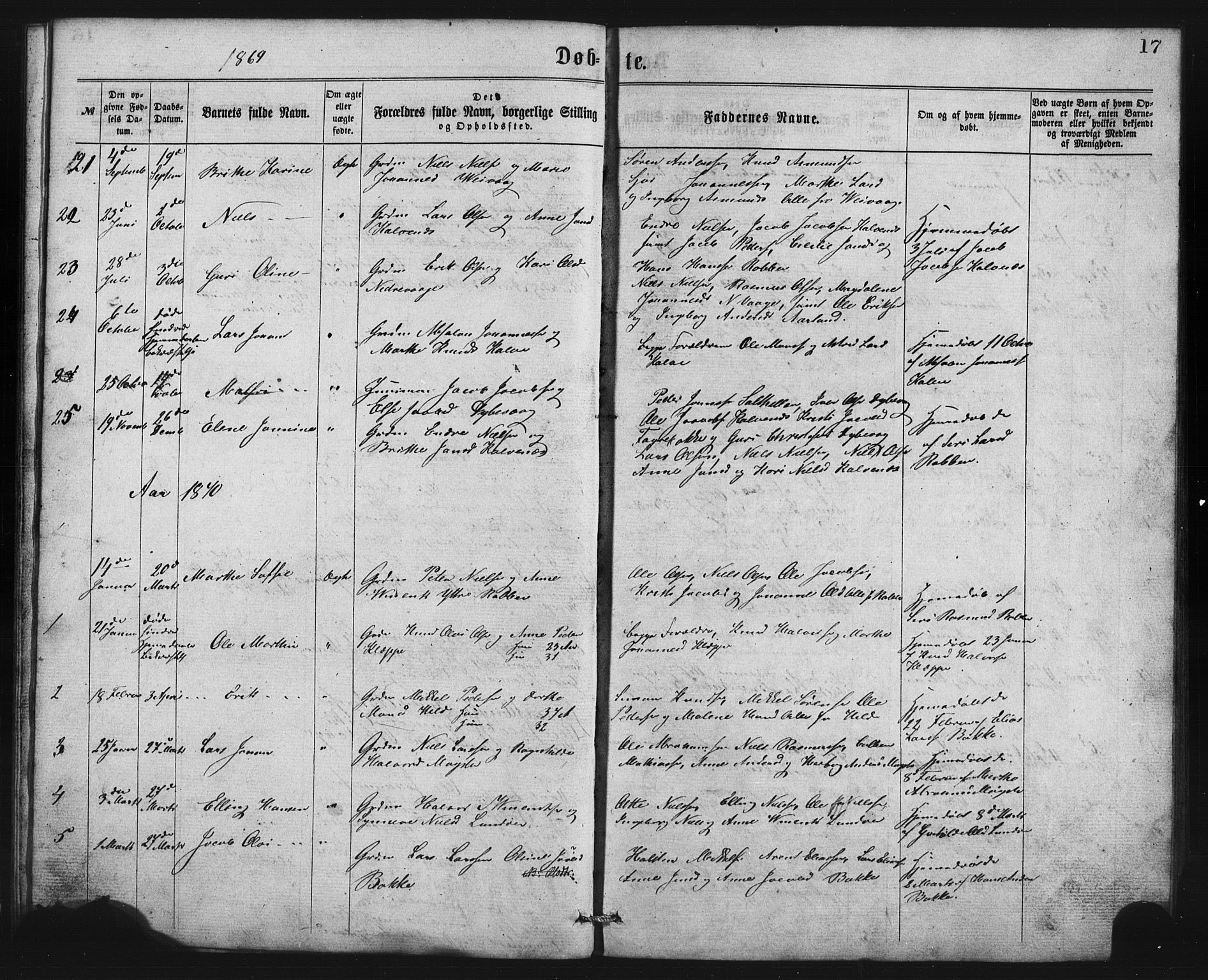 Austevoll Sokneprestembete, SAB/A-74201/H/Hab: Parish register (copy) no. B 2, 1865-1878, p. 17