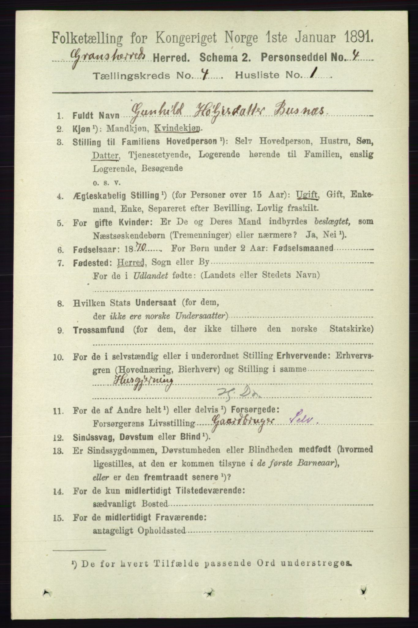 RA, 1891 census for 0824 Gransherad, 1891, p. 685