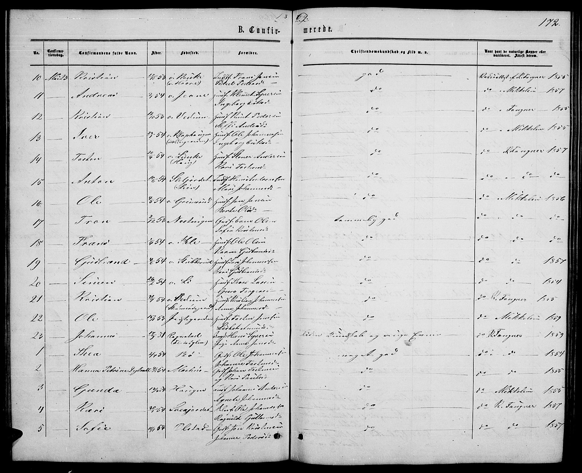 Øyer prestekontor, SAH/PREST-084/H/Ha/Hab/L0001: Parish register (copy) no. 1, 1863-1877, p. 172