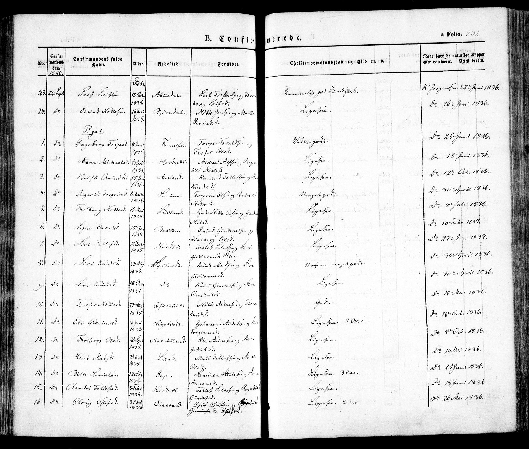 Evje sokneprestkontor, AV/SAK-1111-0008/F/Fa/Faa/L0005: Parish register (official) no. A 5, 1843-1865, p. 231