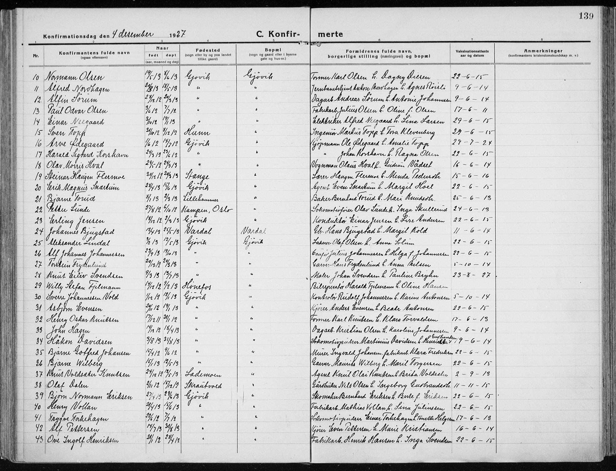 Vardal prestekontor, SAH/PREST-100/H/Ha/Haa/L0015: Parish register (official) no. 15, 1923-1937, p. 139