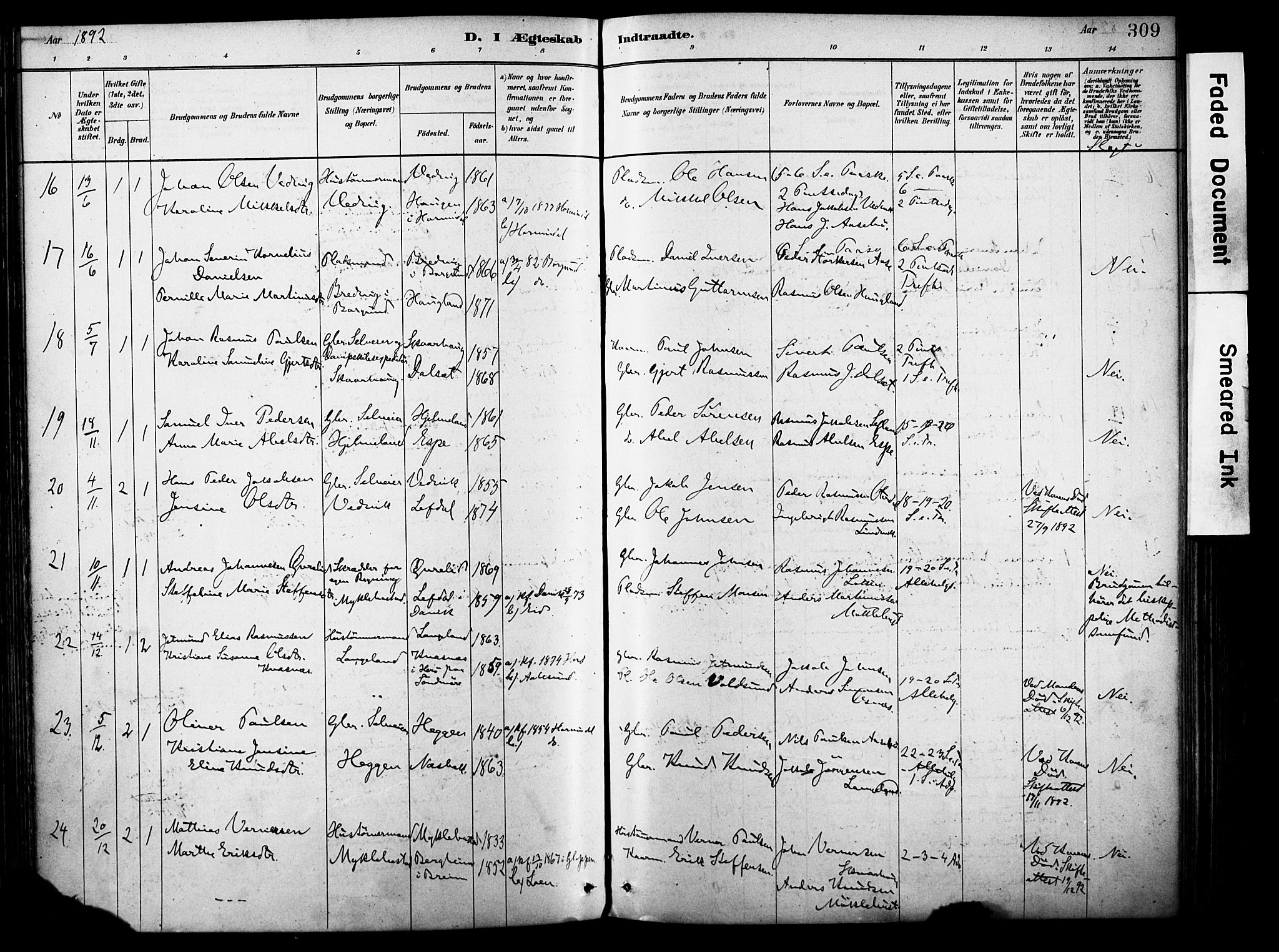 Eid sokneprestembete, AV/SAB-A-82301/H/Haa/Haab/L0001: Parish register (official) no. B 1, 1879-1906, p. 309