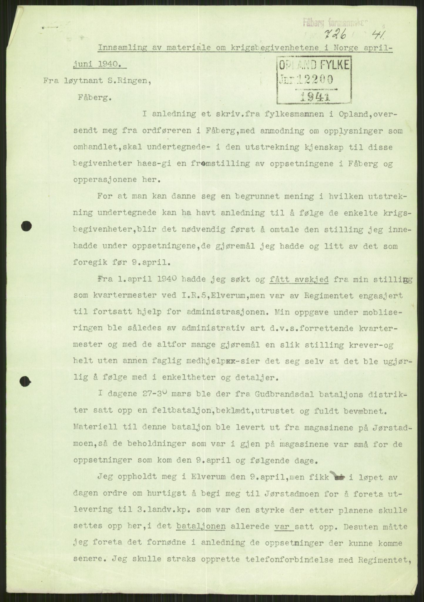 Forsvaret, Forsvarets krigshistoriske avdeling, AV/RA-RAFA-2017/Y/Ya/L0014: II-C-11-31 - Fylkesmenn.  Rapporter om krigsbegivenhetene 1940., 1940, p. 62