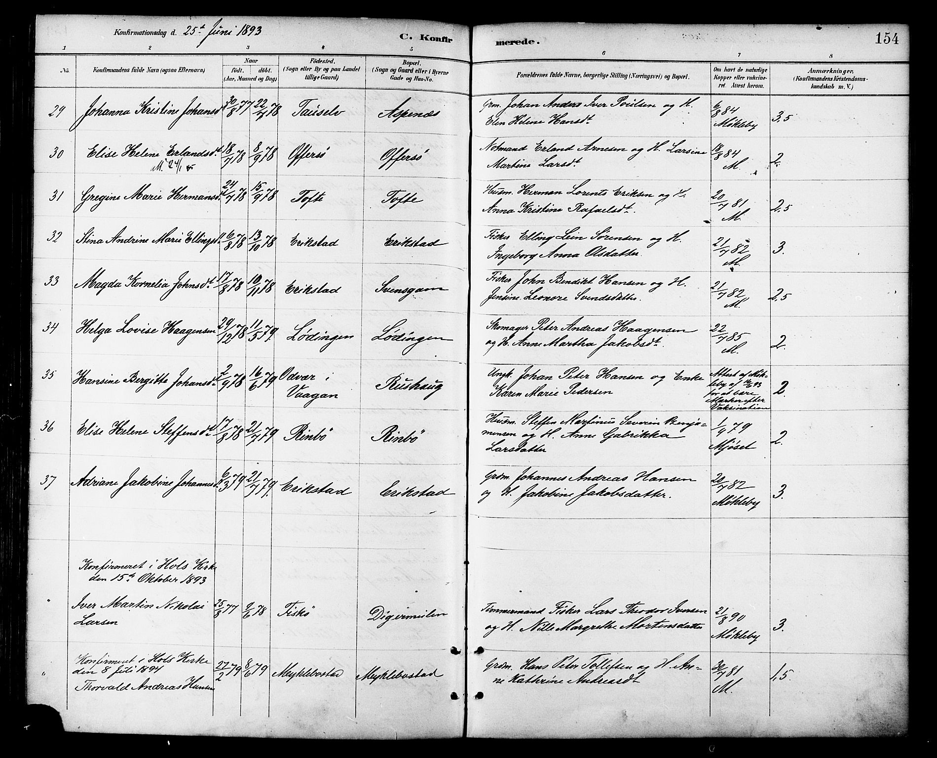 Ministerialprotokoller, klokkerbøker og fødselsregistre - Nordland, AV/SAT-A-1459/872/L1035: Parish register (official) no. 872A10, 1884-1896, p. 154