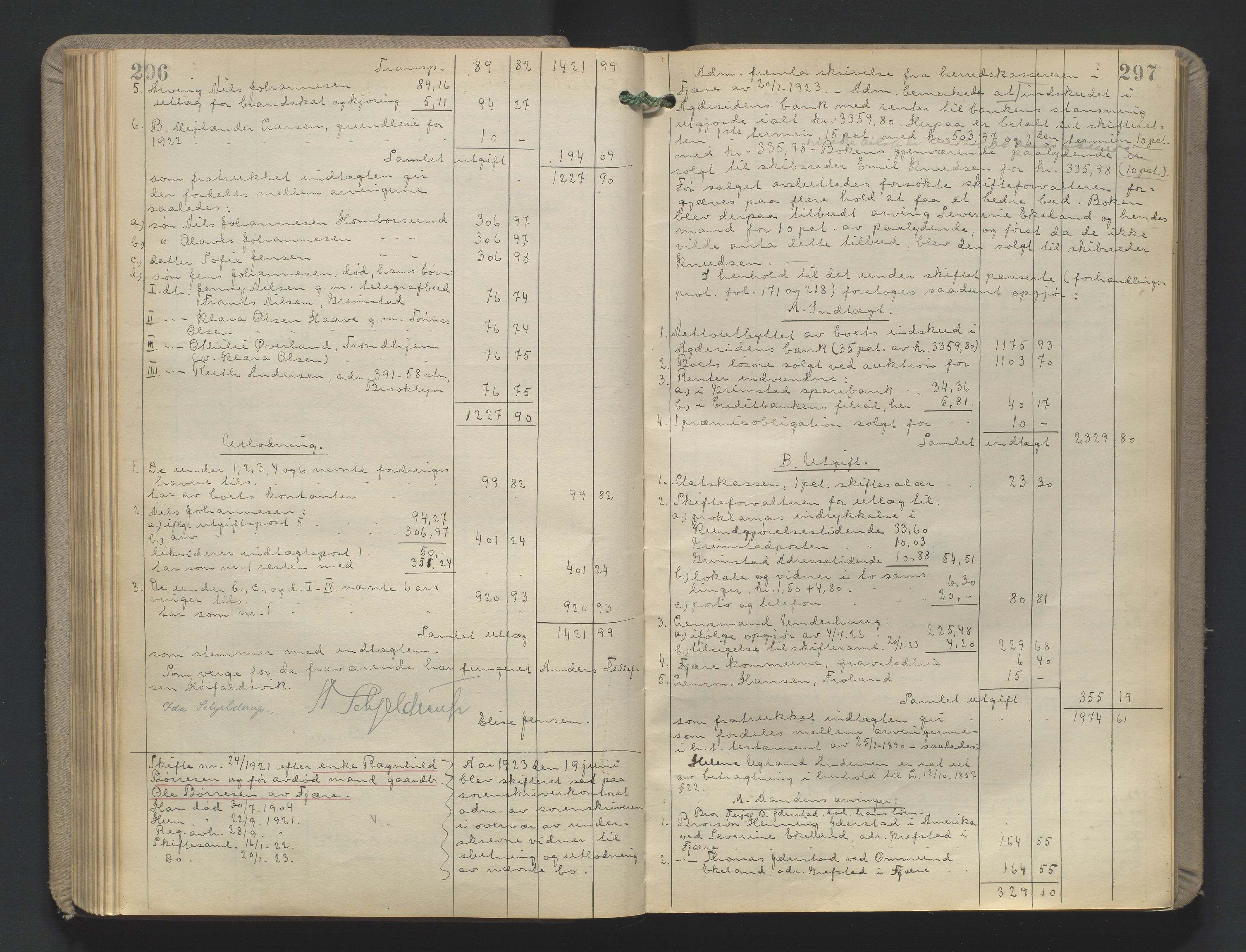 Vestre Nedenes/Sand sorenskriveri, AV/SAK-1221-0010/H/Hc/L0022: Skifteutlodningsprotokoll nr. 9, 1919-1932, p. 296-297
