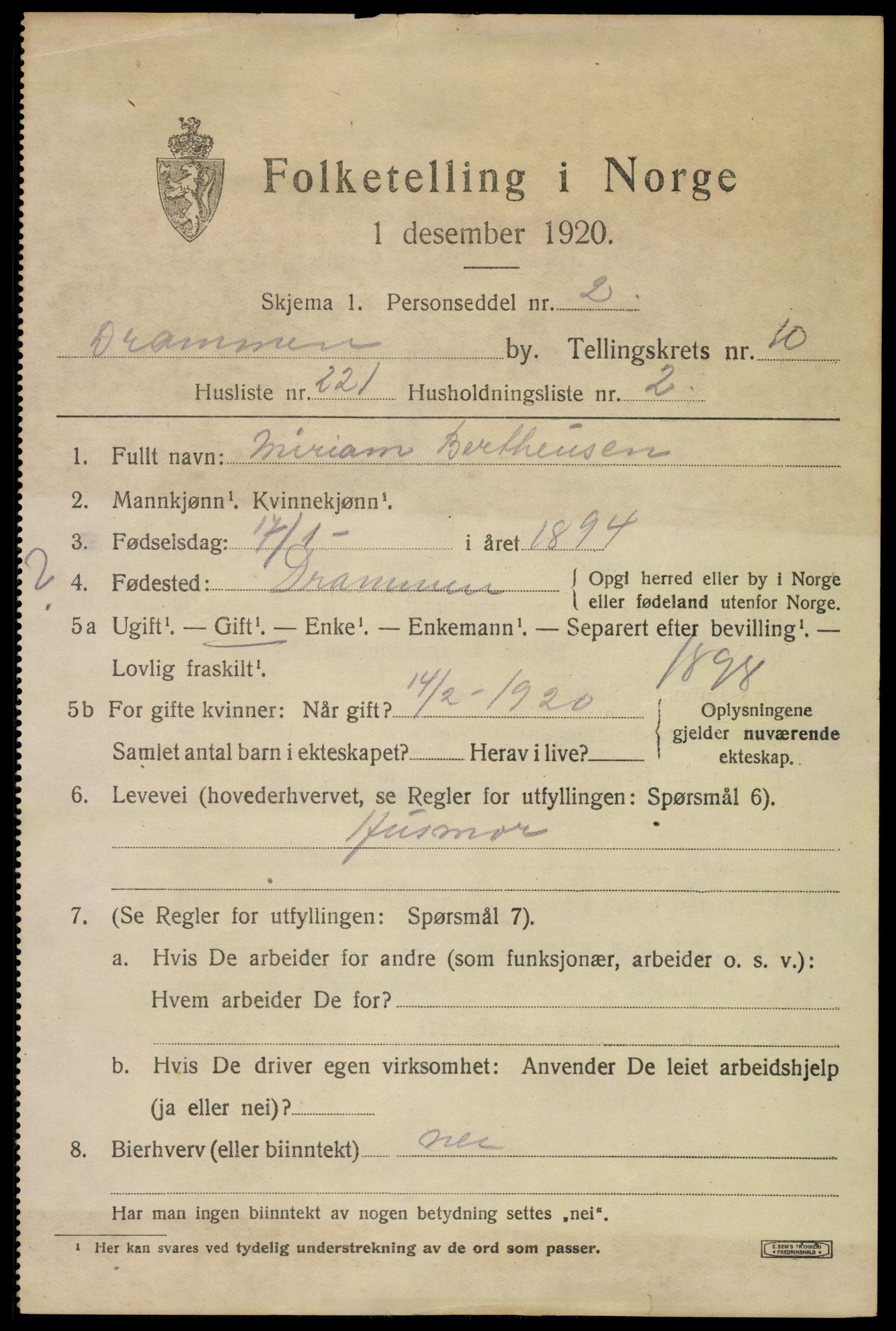 SAKO, 1920 census for Drammen, 1920, p. 66223