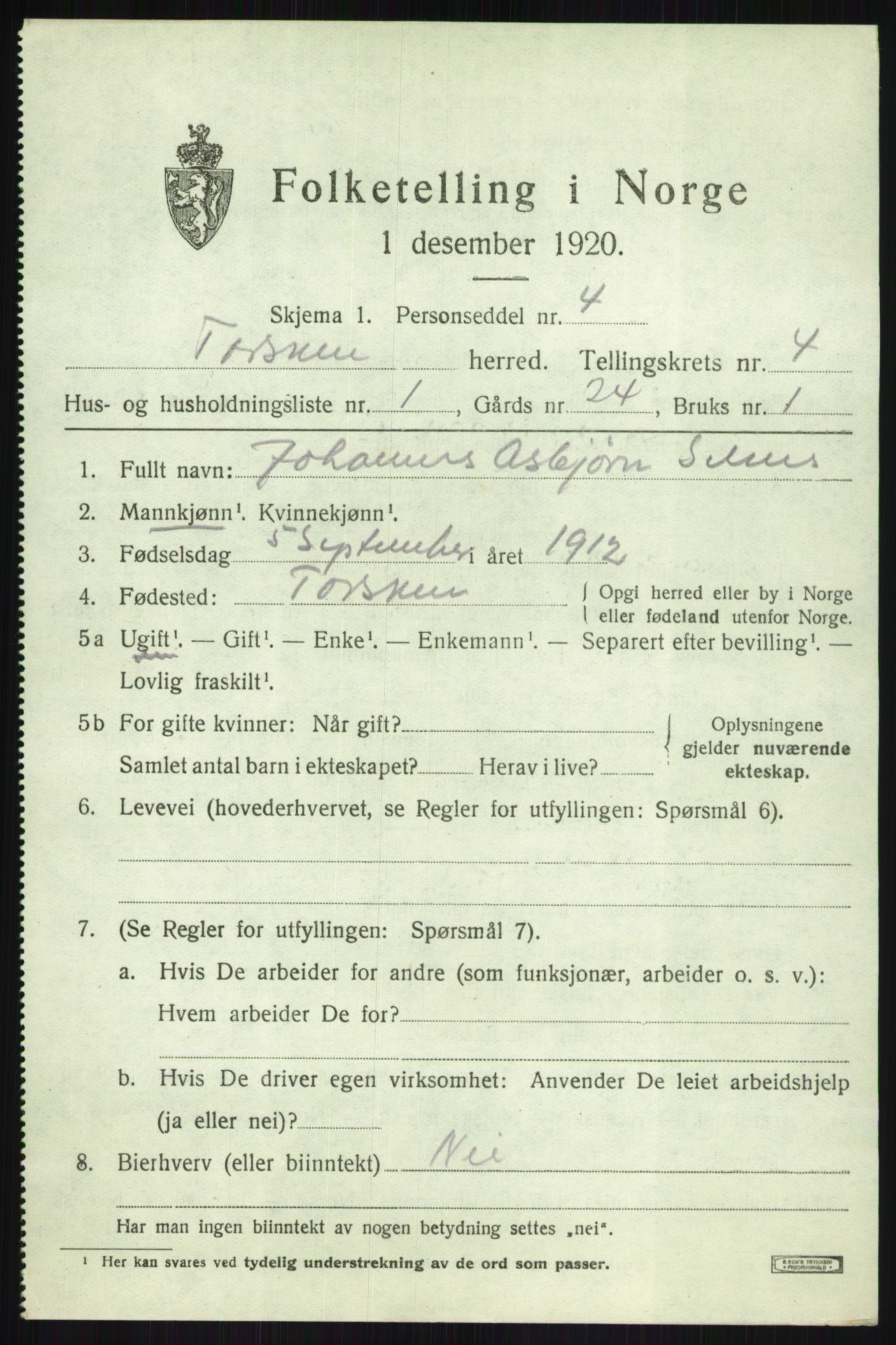 SATØ, 1920 census for Torsken, 1920, p. 1621