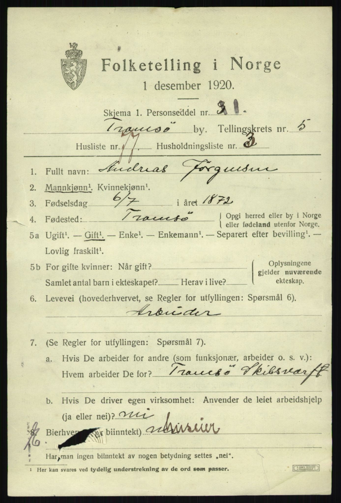 SATØ, 1920 census for Tromsø, 1920, p. 15069