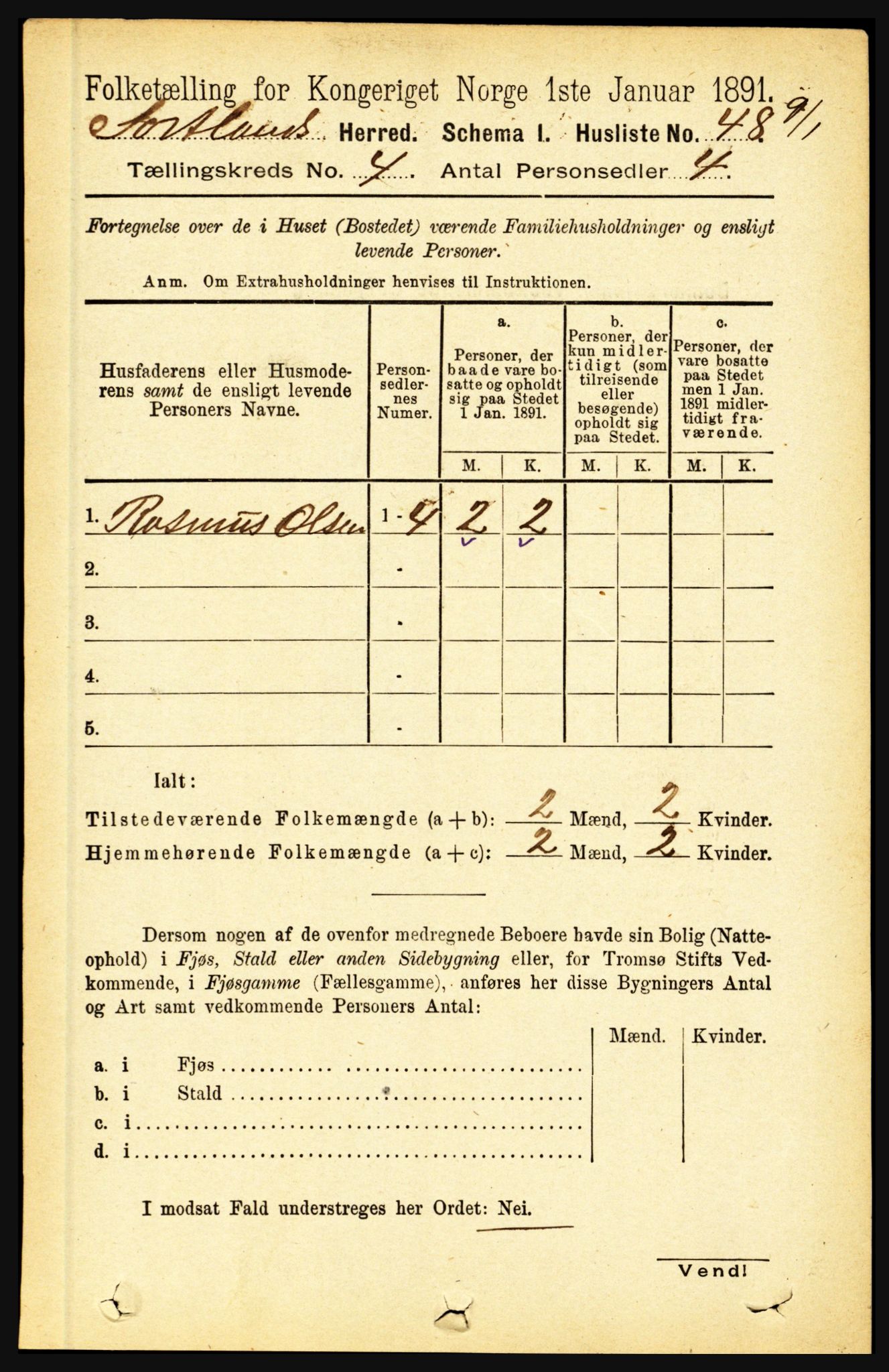 RA, 1891 census for 1870 Sortland, 1891, p. 2709