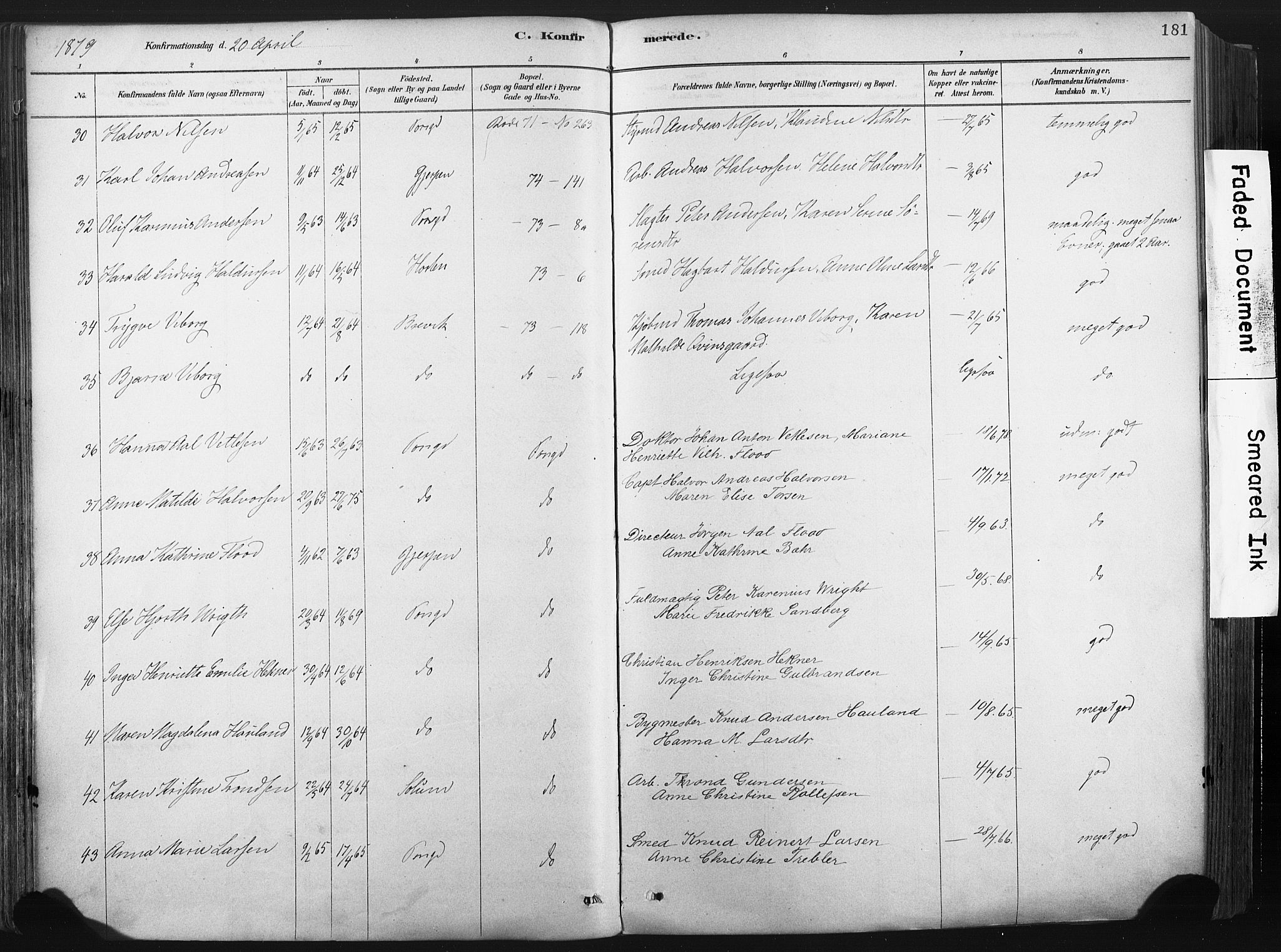 Porsgrunn kirkebøker , AV/SAKO-A-104/F/Fa/L0008: Parish register (official) no. 8, 1878-1895, p. 181