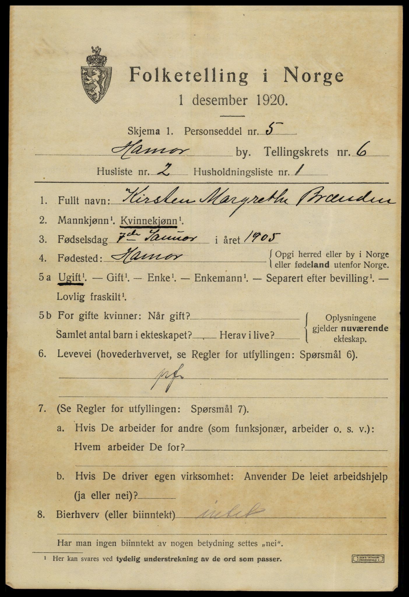 SAH, 1920 census for Hamar, 1920, p. 10979