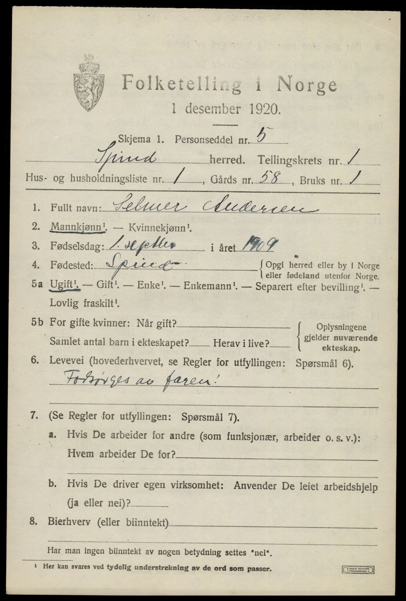 SAK, 1920 census for Spind, 1920, p. 575